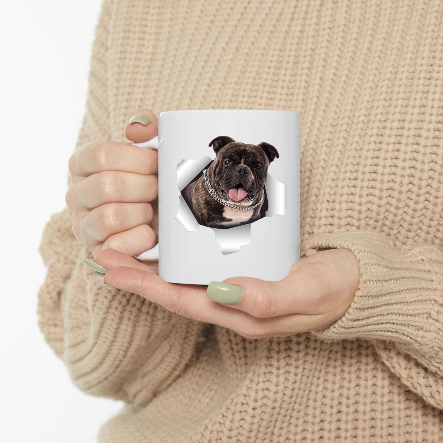 Funny Brindle American Bully Mom And Dad Gifts With Dog Looks Through Coffee Mug White 11 oz