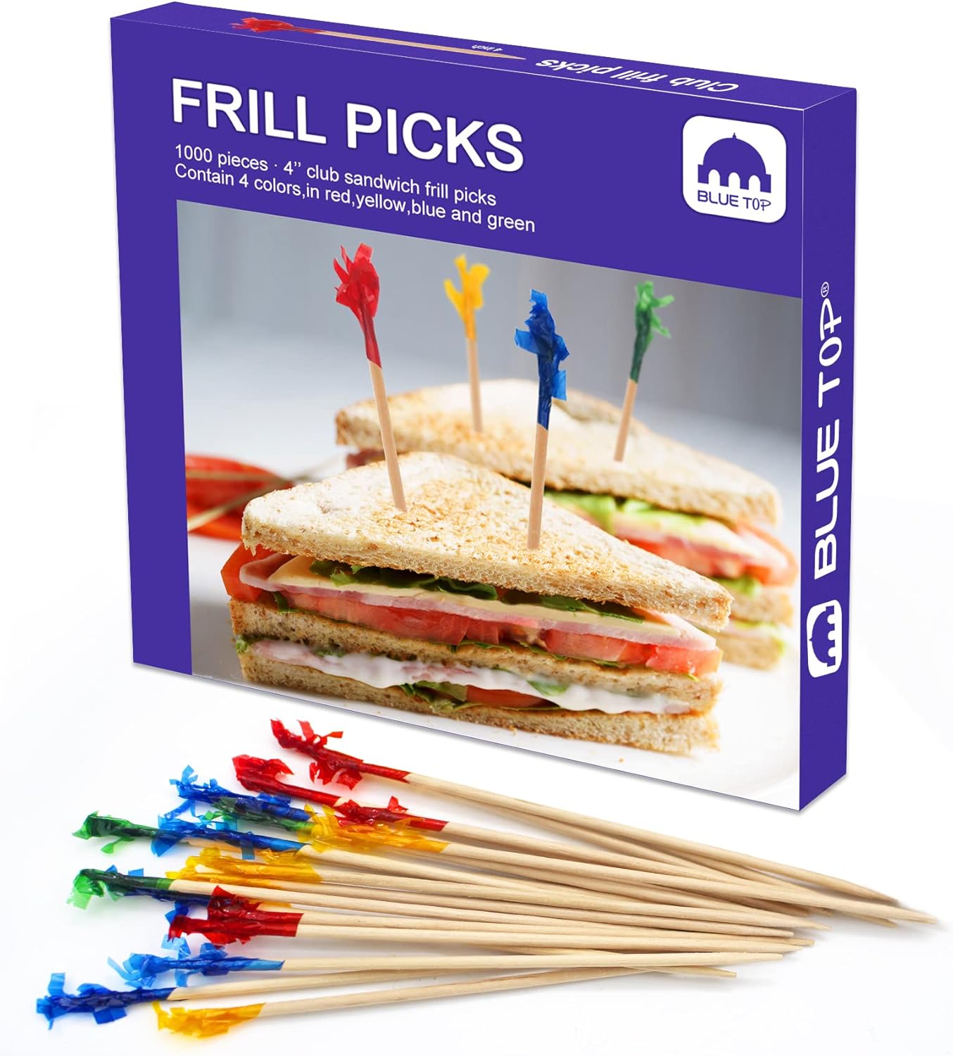 BLUE TOP Palillos de dientes de madera con volantes de 4 pulgadas, paquete de 1000 palillos de dientes de cóctel para frutas, aperitivos, sándwiches