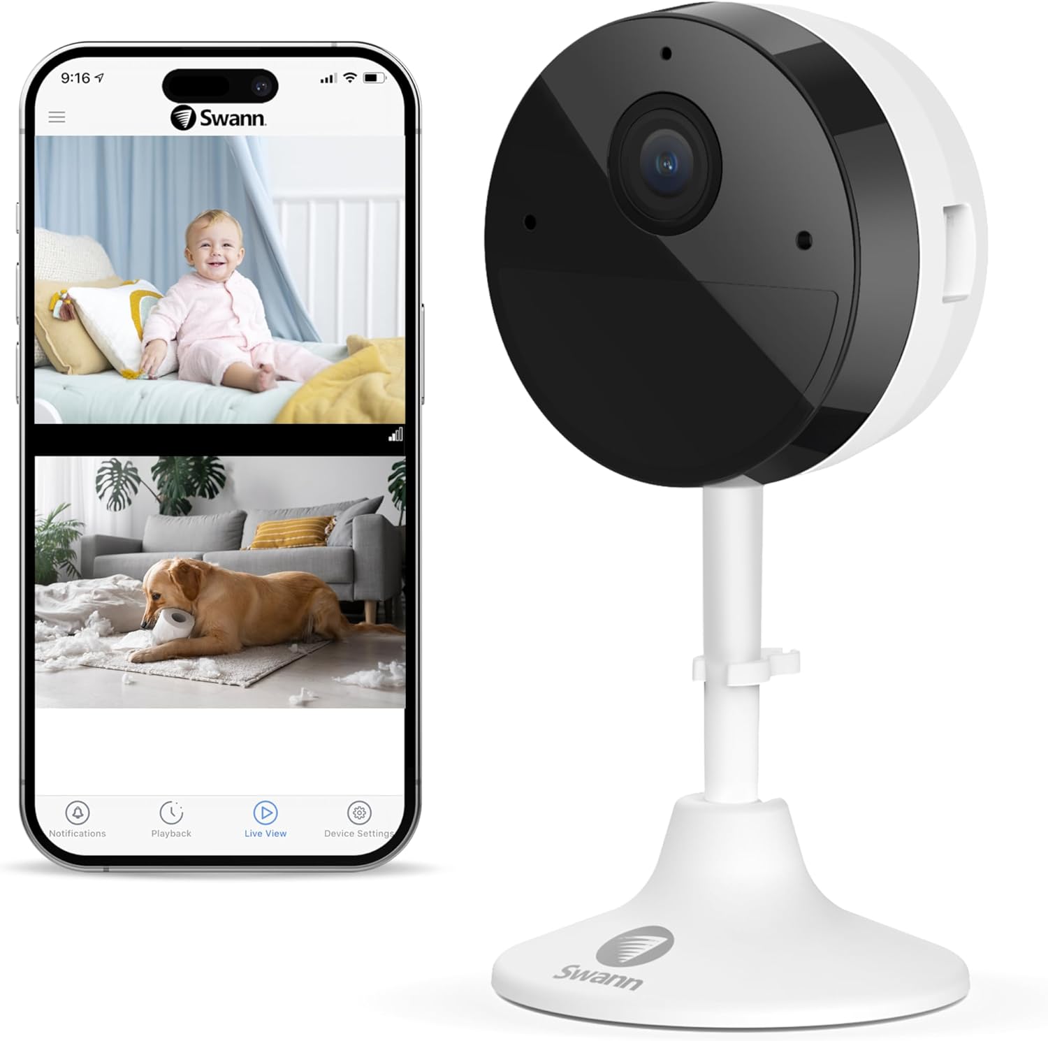Swann Cámara de seguridad con monitor de bebé Wi-Fi, cámaras de vigilancia para el hogar 2K Quad HD con visión nocturna, conversación de 2 vías,