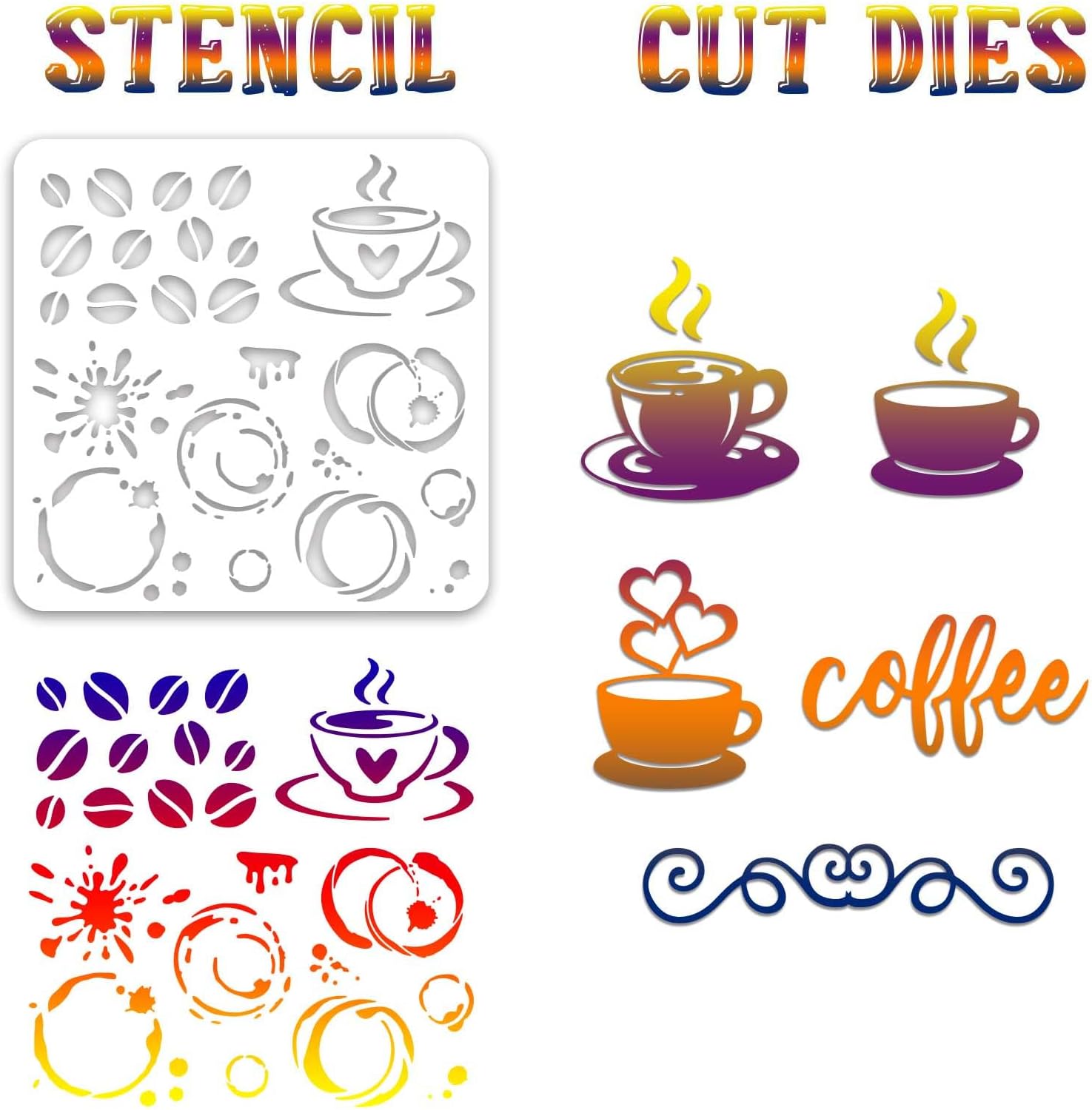 GLOBLELAND Juego de sellos y troqueles transparentes para salpicaduras de café y troqueles para hacer tarjetas, plantillas de PET para decoración de