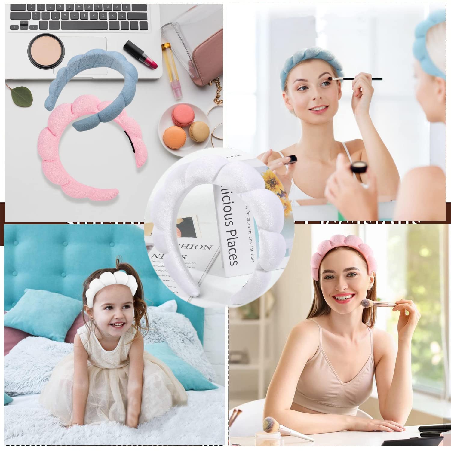 ROJAJIS Diadema de spa para lavar la cara, esponja suave, para mujeres y niñas, cuidado de la piel, ducha, máscara esponjosa, diadema de spa