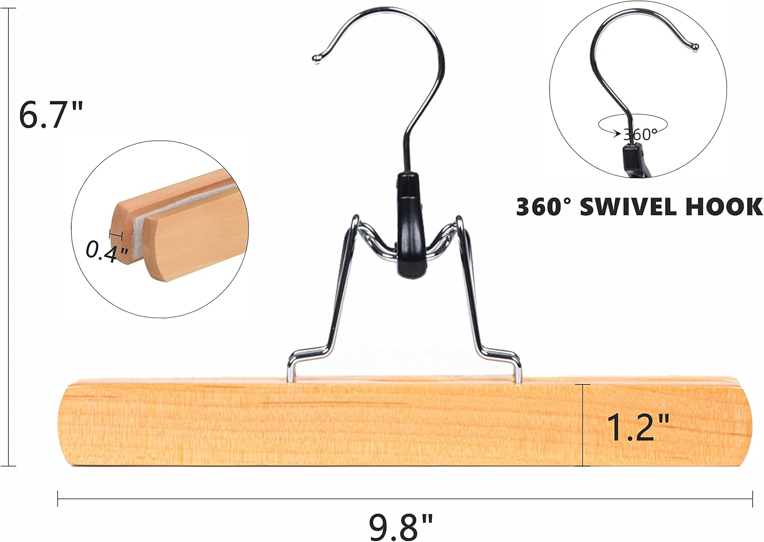 Amber Home Paquete de 10 perchas de madera natural para pantalones, perchas de madera con terciopelo acolchado antideslizante, ganchos para