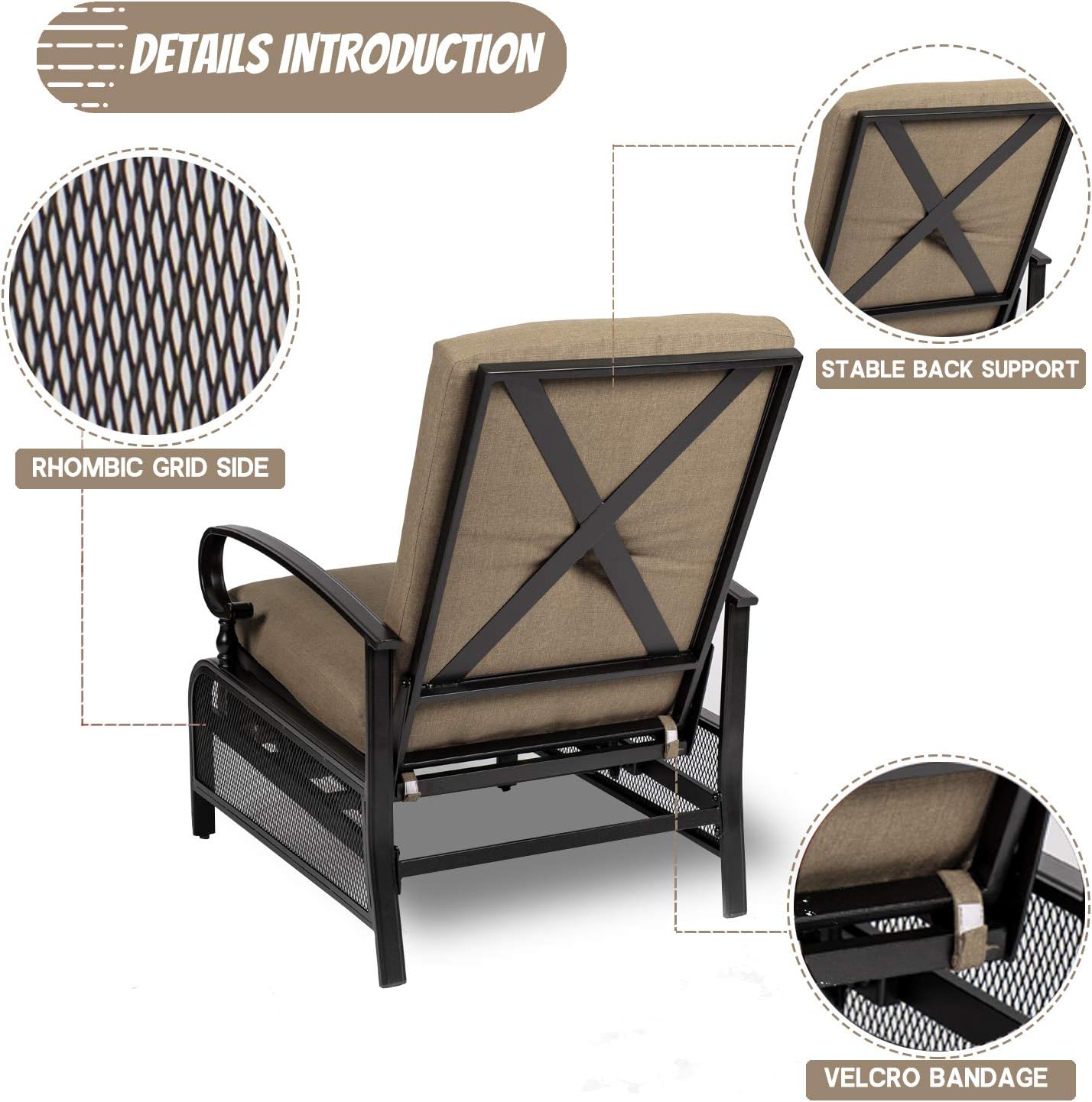 Incbruce Sillón para exteriores, muebles de patio, reclinables ajustables con marco de acero retráctil y cojines gruesos extraíbles, color marrón