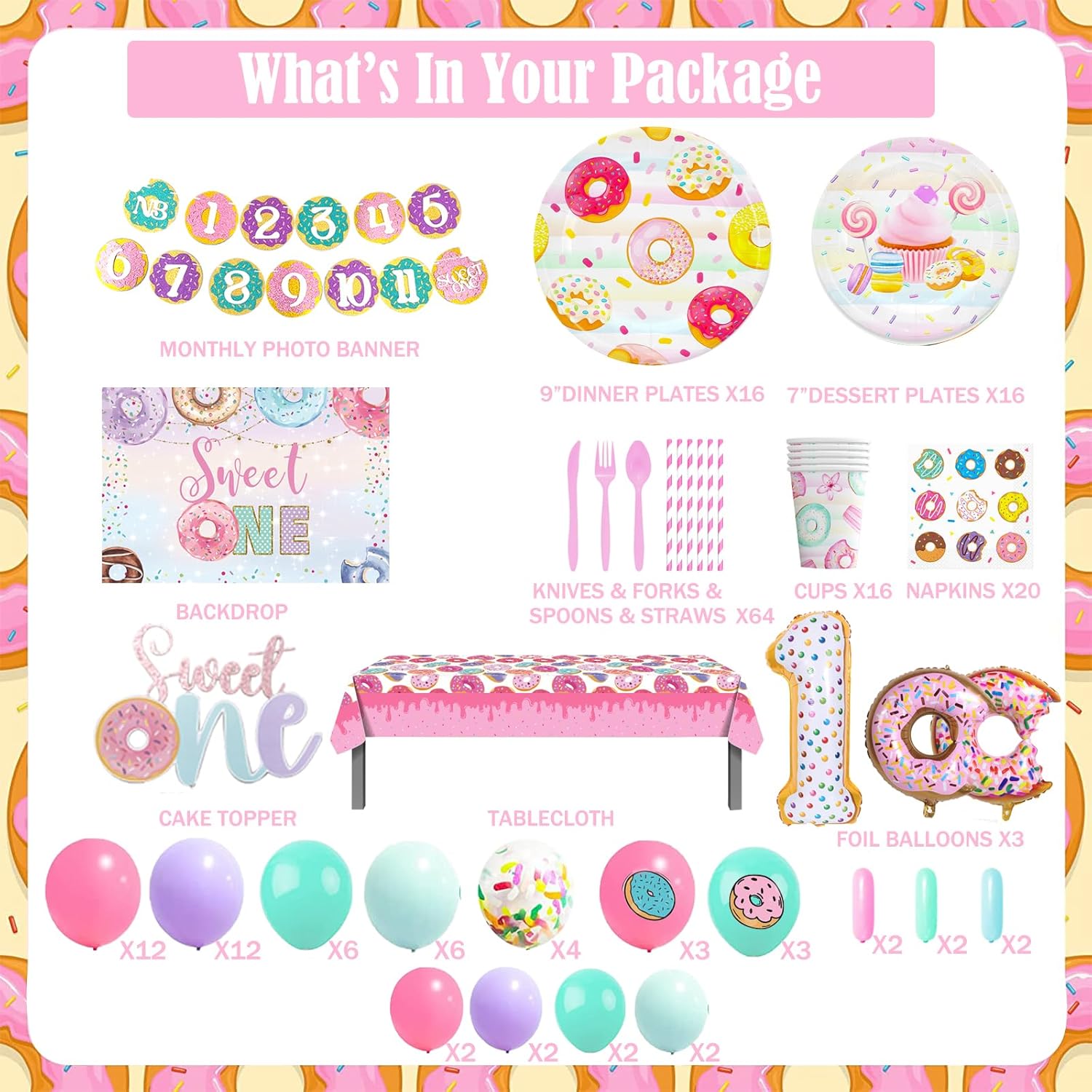 195 piezas de decoración de fiesta de cumpleaños Sweet One, suministros de fiesta de Hombae Donut para niña, telón de fondo, guirnalda de globos,
