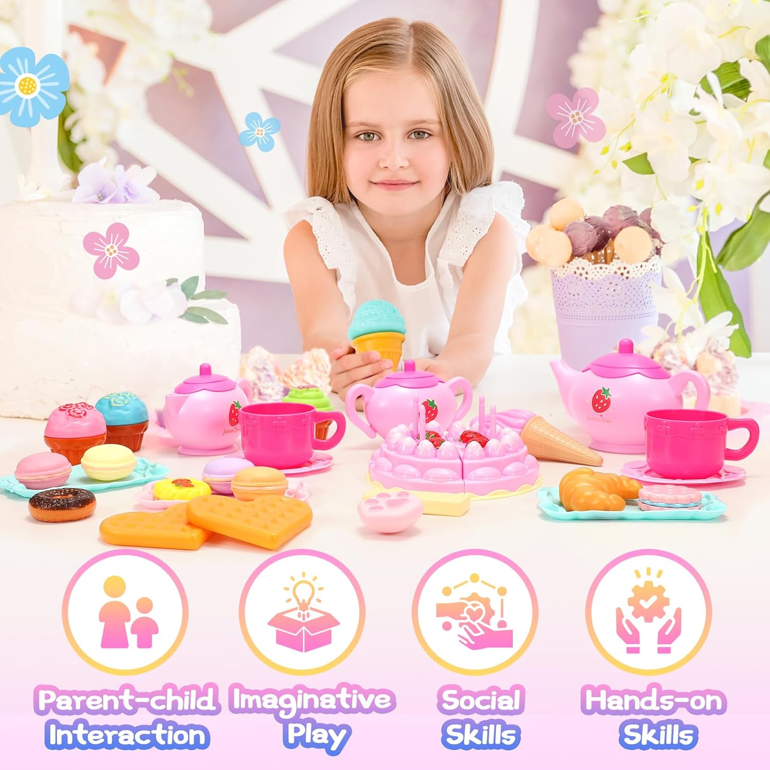 Tagitary Juego de fiesta de té para niñas pequeñas, juego de té de princesa, incluye galletas de postre, tetera, mantel y funda de transporte,