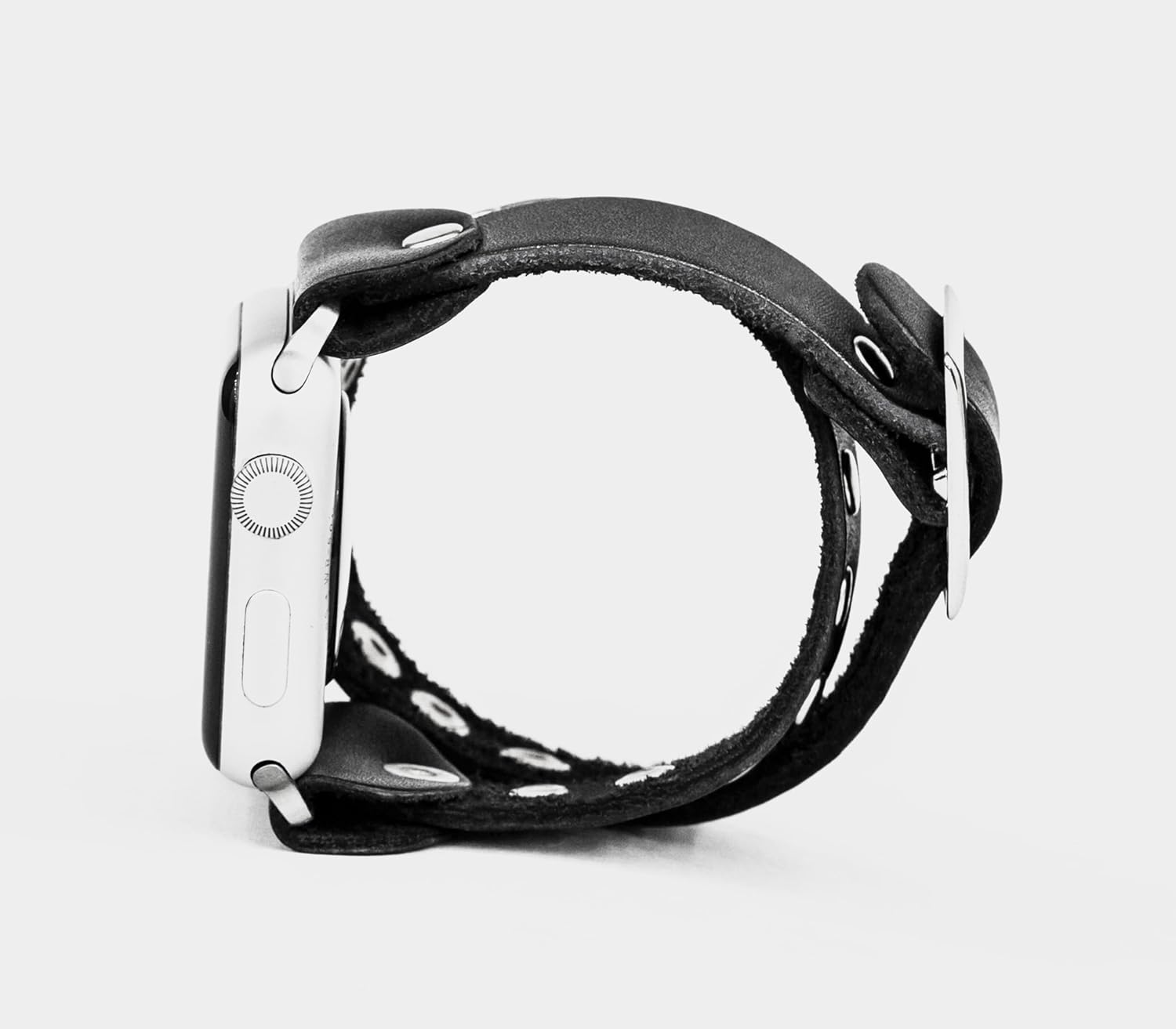 stud Leather double wrap band strap compatible with Apple watch 38mm 40mm 41mm 42mm 44mm 45mm 49mm, Handmade UA 1820 (black + steel + 7.3-8.3 in +
