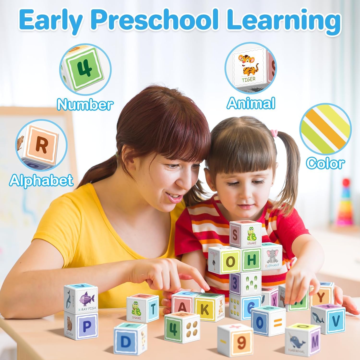 ABC 123 Bloques de construcción para niños pequeños, juguetes sensoriales de cubo magnético, aprendizaje preescolar del alfabeto, número y animales,