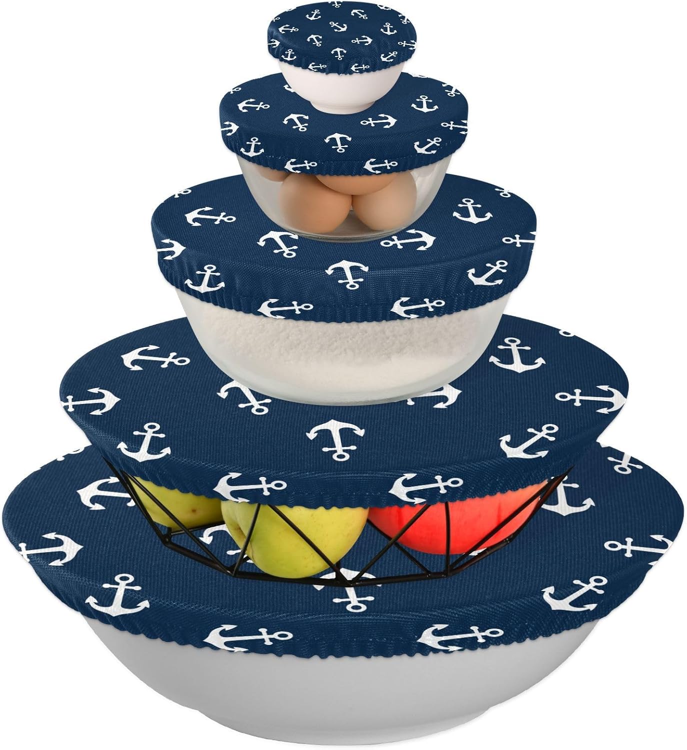 Anchors 5PCS Reusable Elastic Bowl Covers for Food Storage Stretch Cloth Fabric Lids with 5 Different Sizes Waterproof Bowl Covers for Fruits