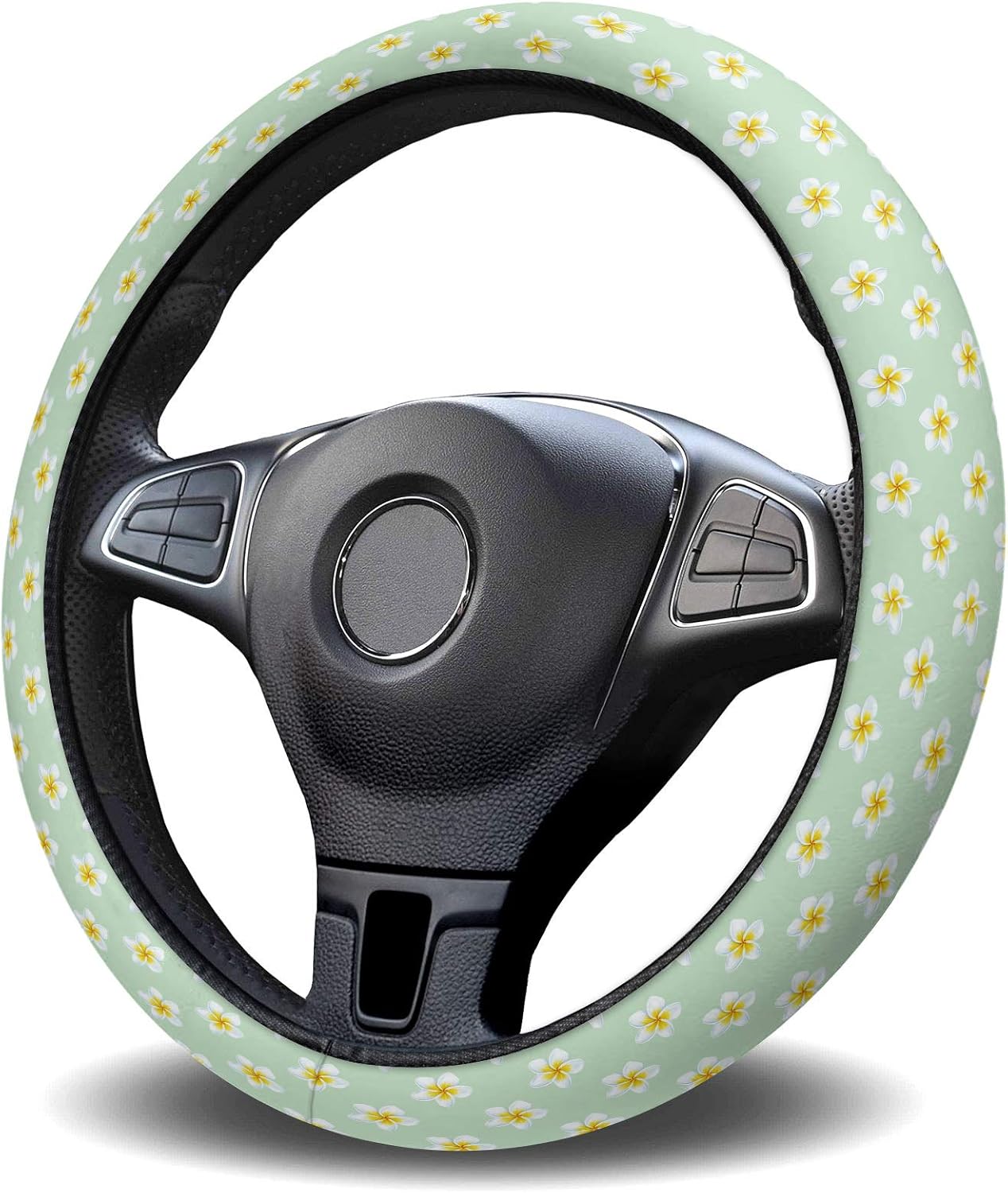 Funda protectora para volante de automóvil, funda protectora elástica de plumeria floral verde para vehículos, camiones, SUV, accesorios