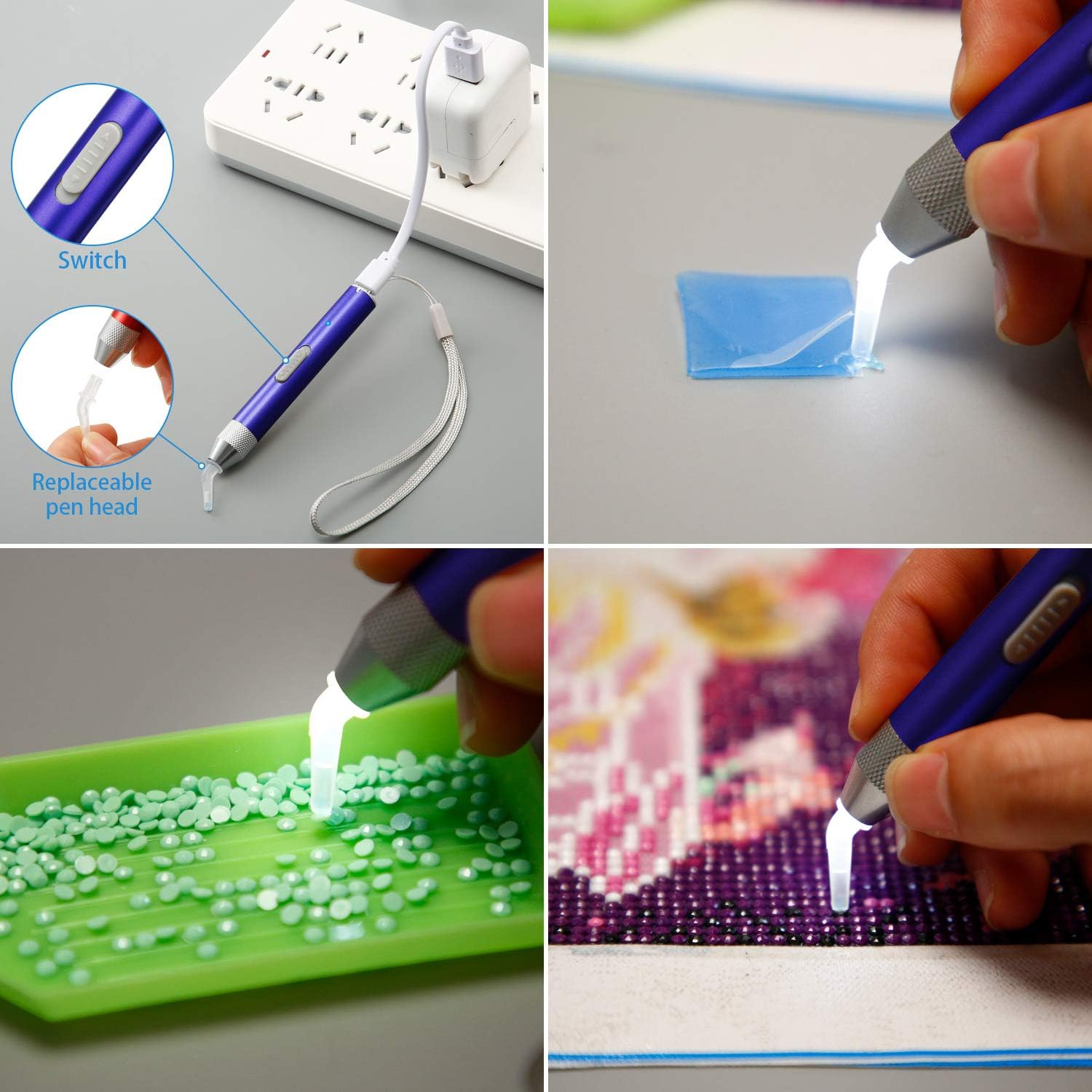 Bolígrafo de pintura de diamantes con luz 5D para bricolaje con 20 piezas de pegamento de pintura, 5 cabezales de repuesto para manualidades (azul)