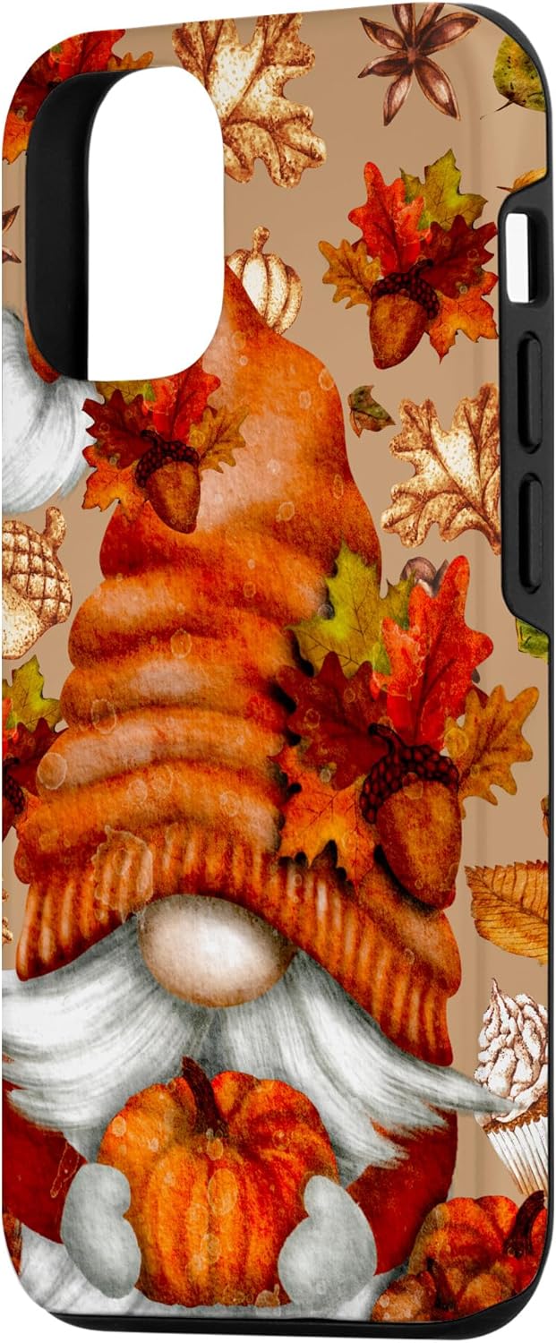 Funda para iPhone 1212 Pro con diseño de calabaza de gnomo marrón con diseño de hojas de otoño