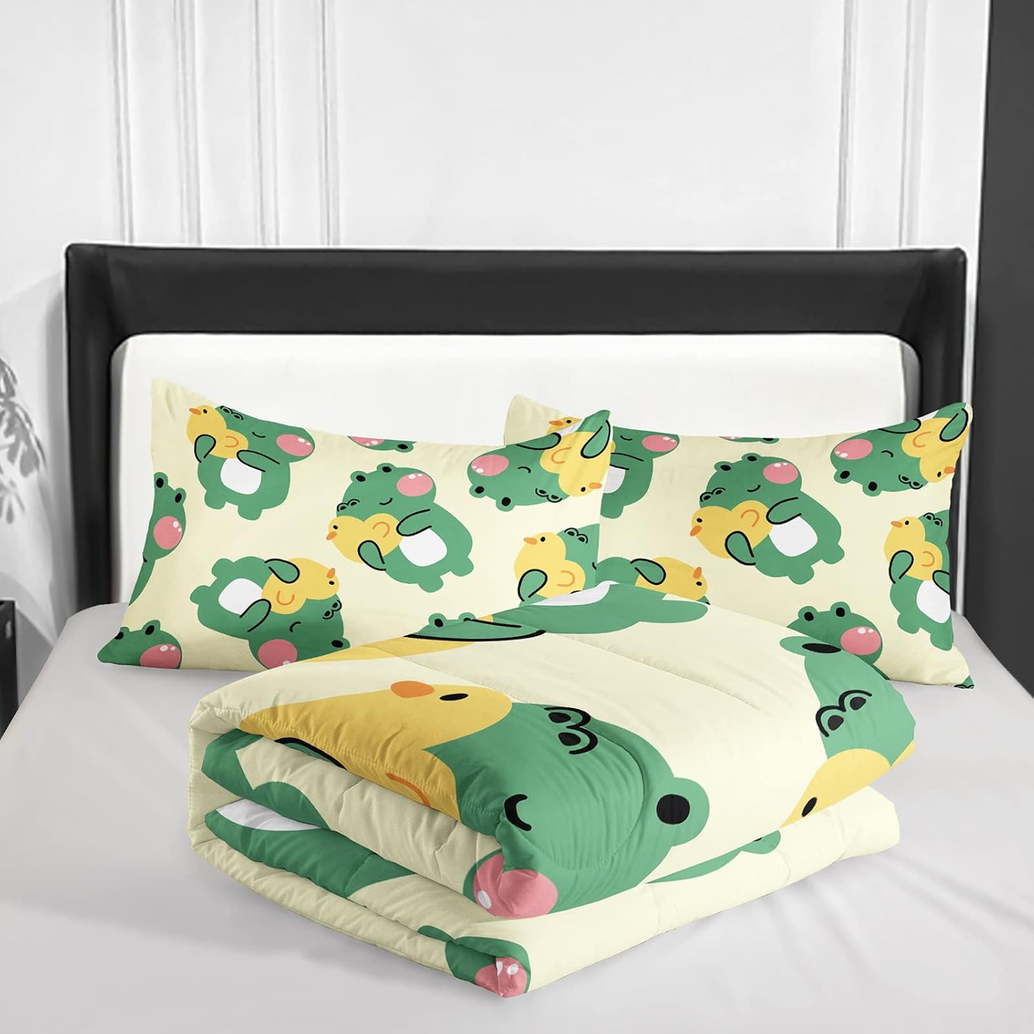 Juego de edredón de 3 piezas con estampado de rana de dibujos animados y 2 fundas de almohada, suave y ligero, para todas las estaciones