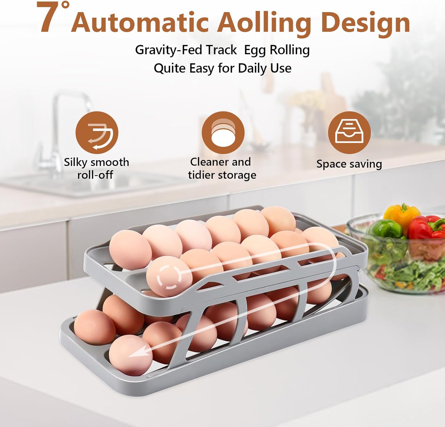 Soporte para huevos para refrigerador, dispensador de huevos de doble fila para refrigerador, organizador automático de rodillos de huevos, bandeja