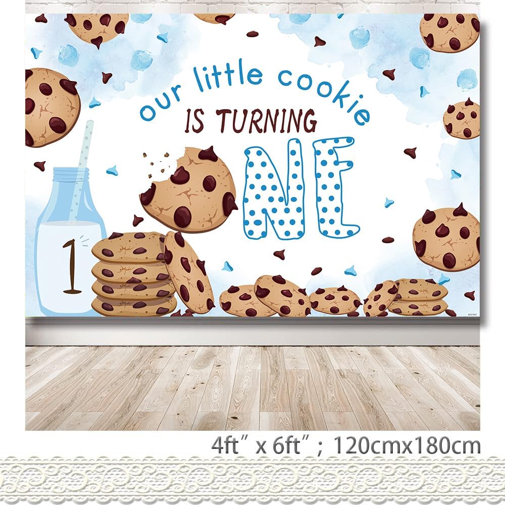 Our Little Cookie is Turning One, fondo de fiesta de primer cumpleaños, color azul y blanco, decoración de primer cumpleaños, 71 x 47 pulgadas