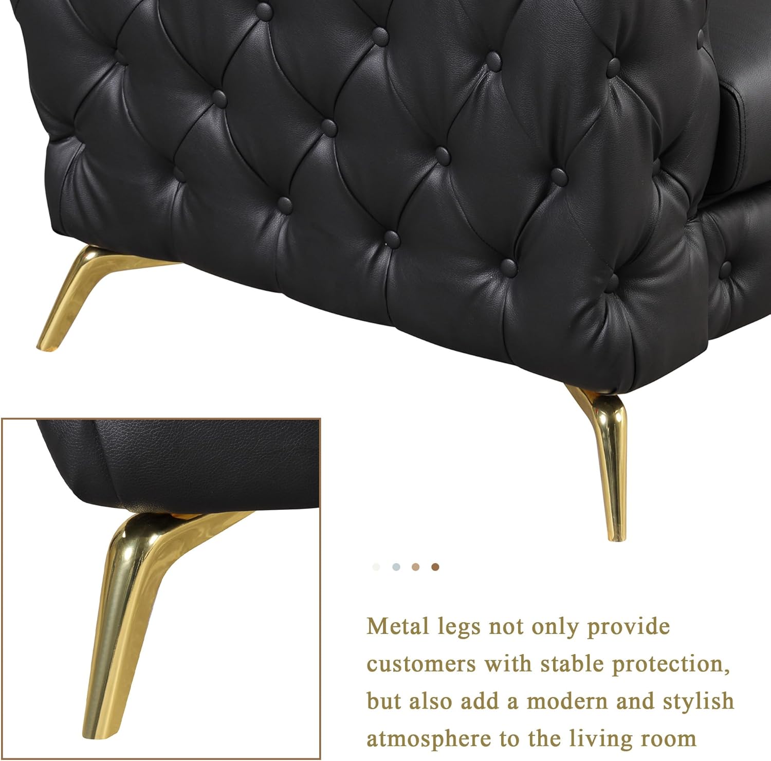 Sofá Chesterfield moderno de 44 pulgadas con patas de metal resistentes, sofá individual tapizado de poliuretano con respaldo copetudo con botones,