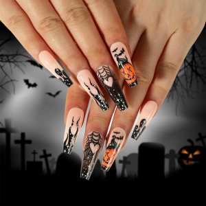 Pufandor Uñas postizas largas a presión para Halloween, ataúd, con llama negra, telaraña, murciélagos y calabazas, uñas acrílicas a presión para Pufandor Uñas postizas largas a presión para Halloween, ataúd, con llama negra, telaraña, murciélagos y calabazas, uñas acrílicas a presión para