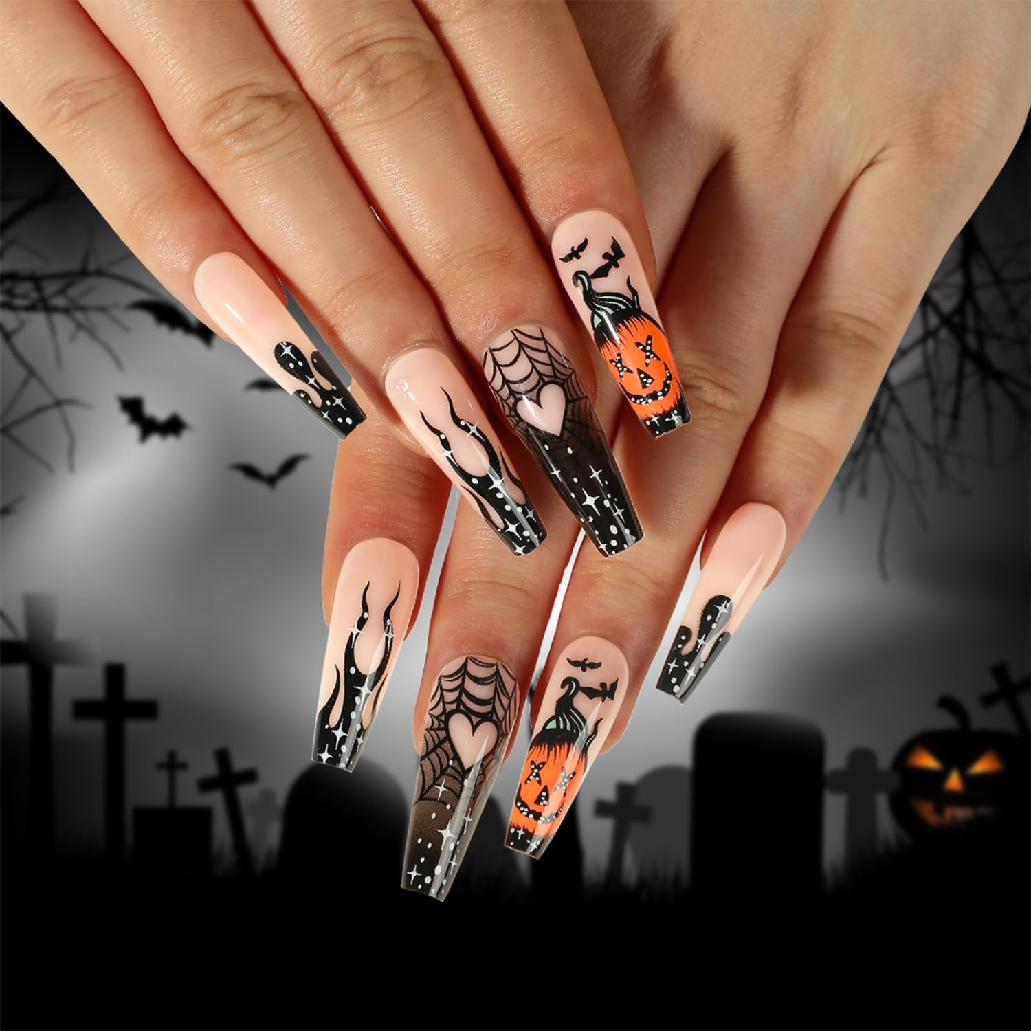 Pufandor Uñas postizas largas a presión para Halloween, ataúd, con llama negra, telaraña, murciélagos y calabazas, uñas acrílicas a presión para