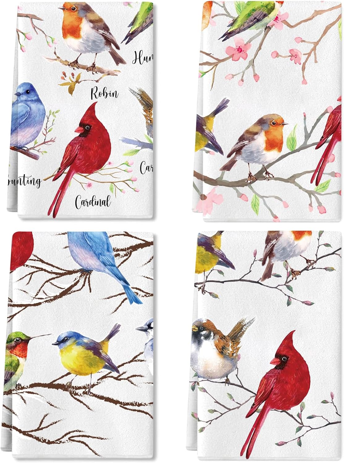 Juego de 4 toallas de cocina con diseño de pájaros, diseño de pájaros en rama, color cardenal, colibrí, azul, toallas de cocina absorbentes para