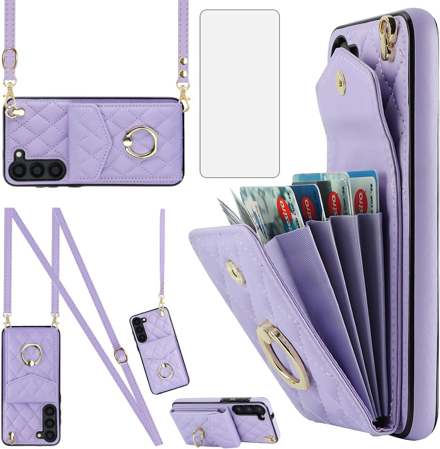 Asuwish Funda de teléfono para Samsung Galaxy S23 5G con protector de pantalla de vidrio templado y correa para la muñeca con bloqueo RFID,