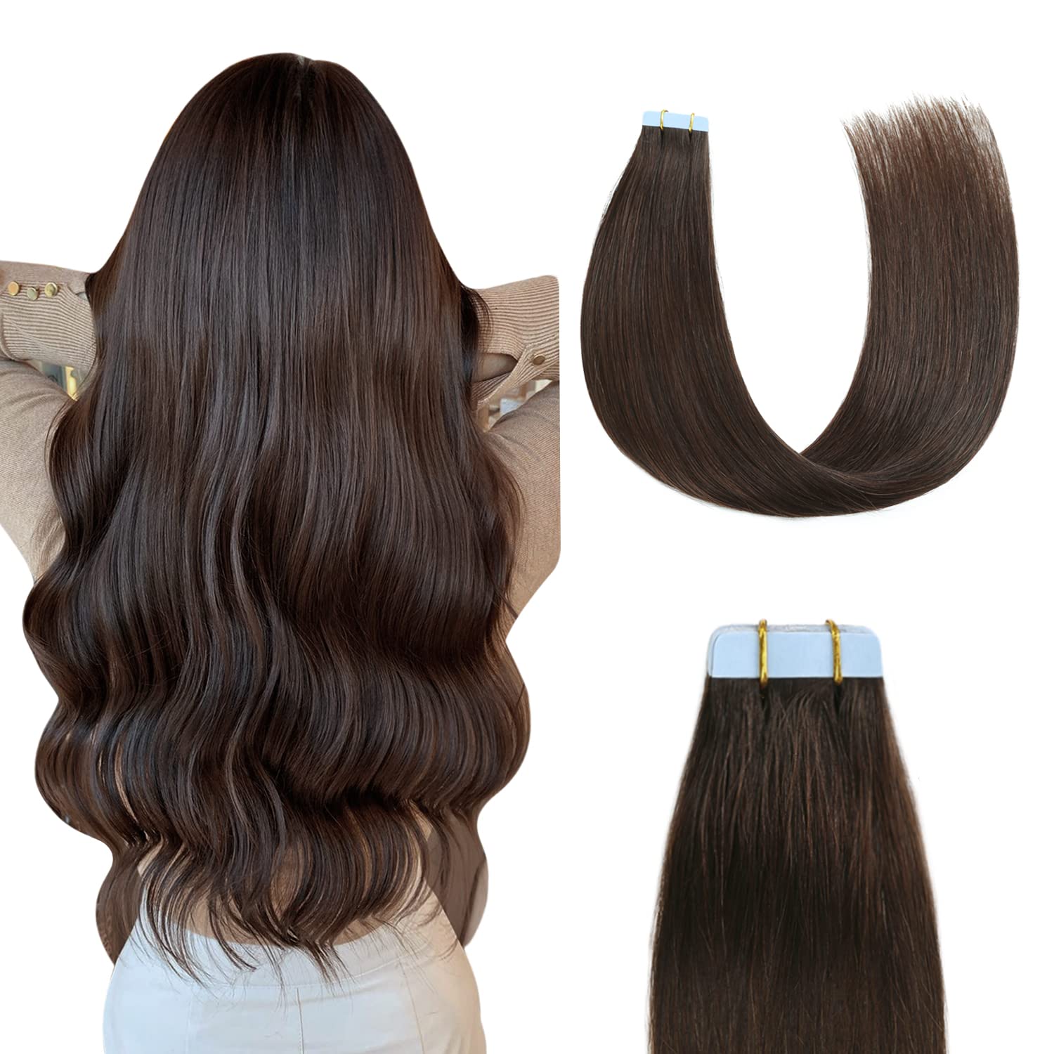 Sunya Extensiones de cabello humano con cinta adhesiva, color marrón oscuro, 12 pulgadas, extensiones de cabello humano real, sin costuras, trama de