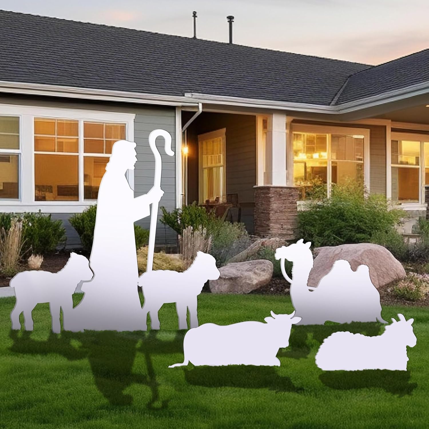 Zonon 4 piezas de Belén al aire libre para patio, resistente a la intemperie, juegos de pesebre con ovejas, camello buey para Navidad, decoración al
