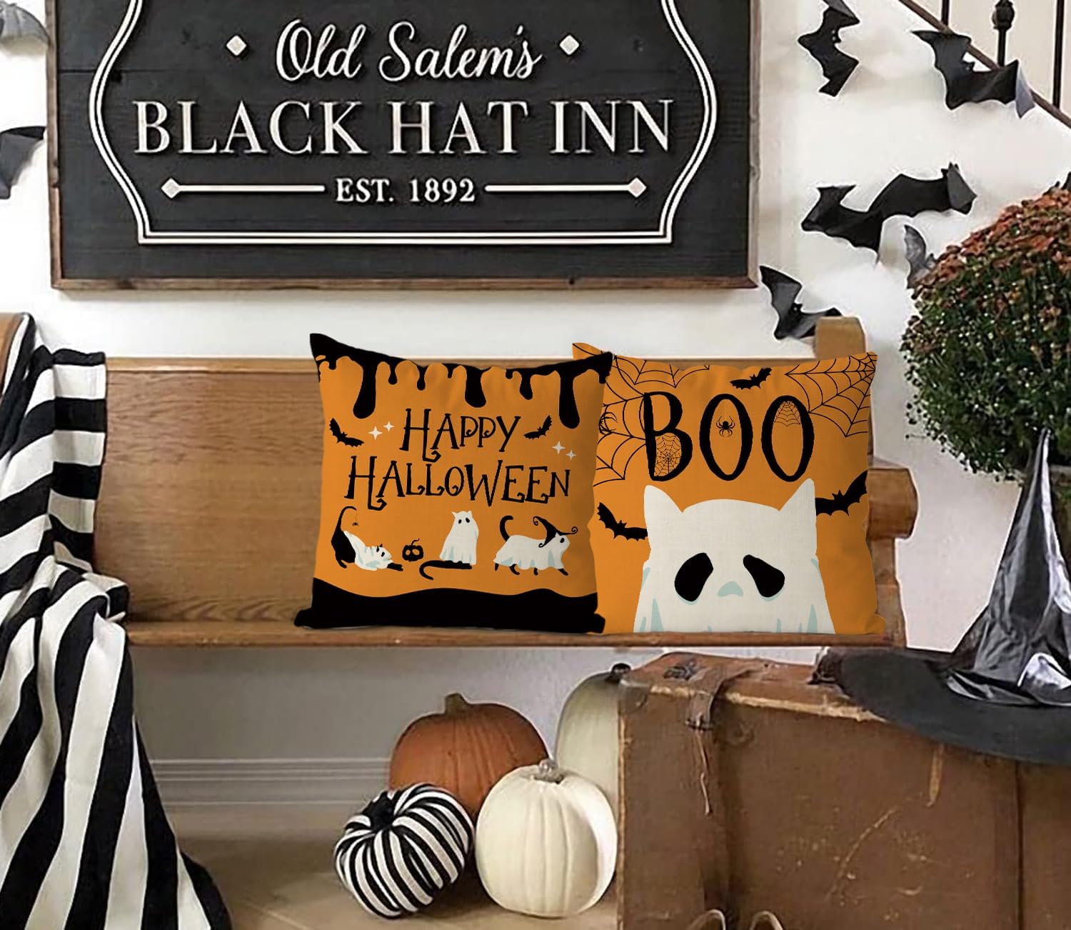 Juego de 4 fundas de almohada de Halloween de 20 x 20 pulgadas, fundas de almohada de Halloween, fantasma, gato, vacaciones, casa de campo, para