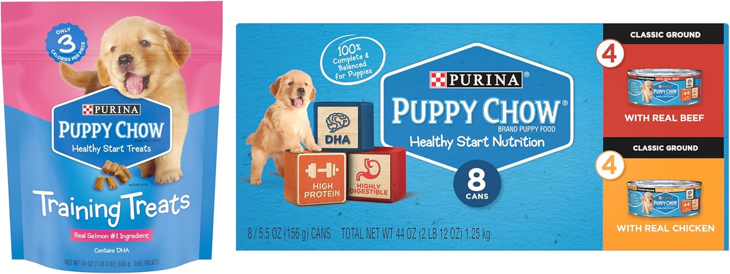 Purina Puppy Chow Healthy Start Paquete variado, 1 bolsa de golosinas de entrenamiento de salmón real (24 onzas), 1 caja de latas de comida húmeda