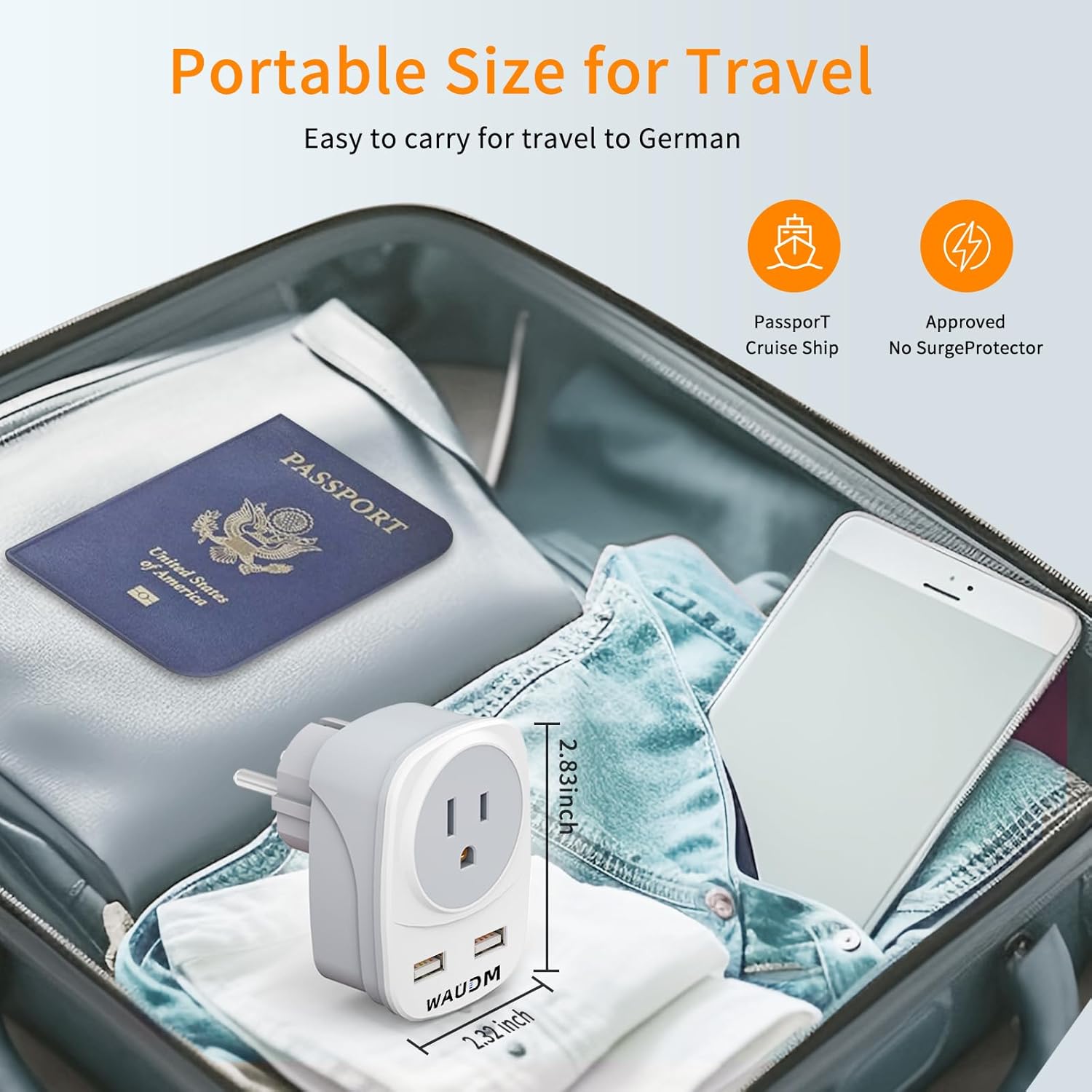 Adaptador de corriente de viaje de Alemania Francia, convertidor de enchufe tipo EF con 2 puertos USB y 2 puertos USB C, 1 toma de CA, adaptador de