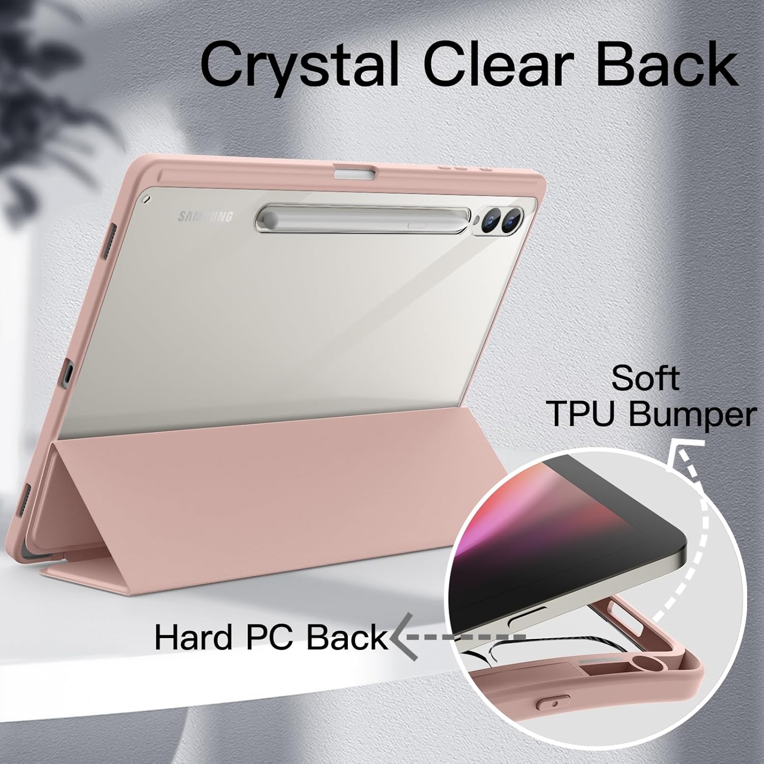 JETech Funda para Samsung Galaxy Tab S9 Plus de 12.4 pulgadas con soporte para bolígrafo S, parte trasera de policarbonato transparente