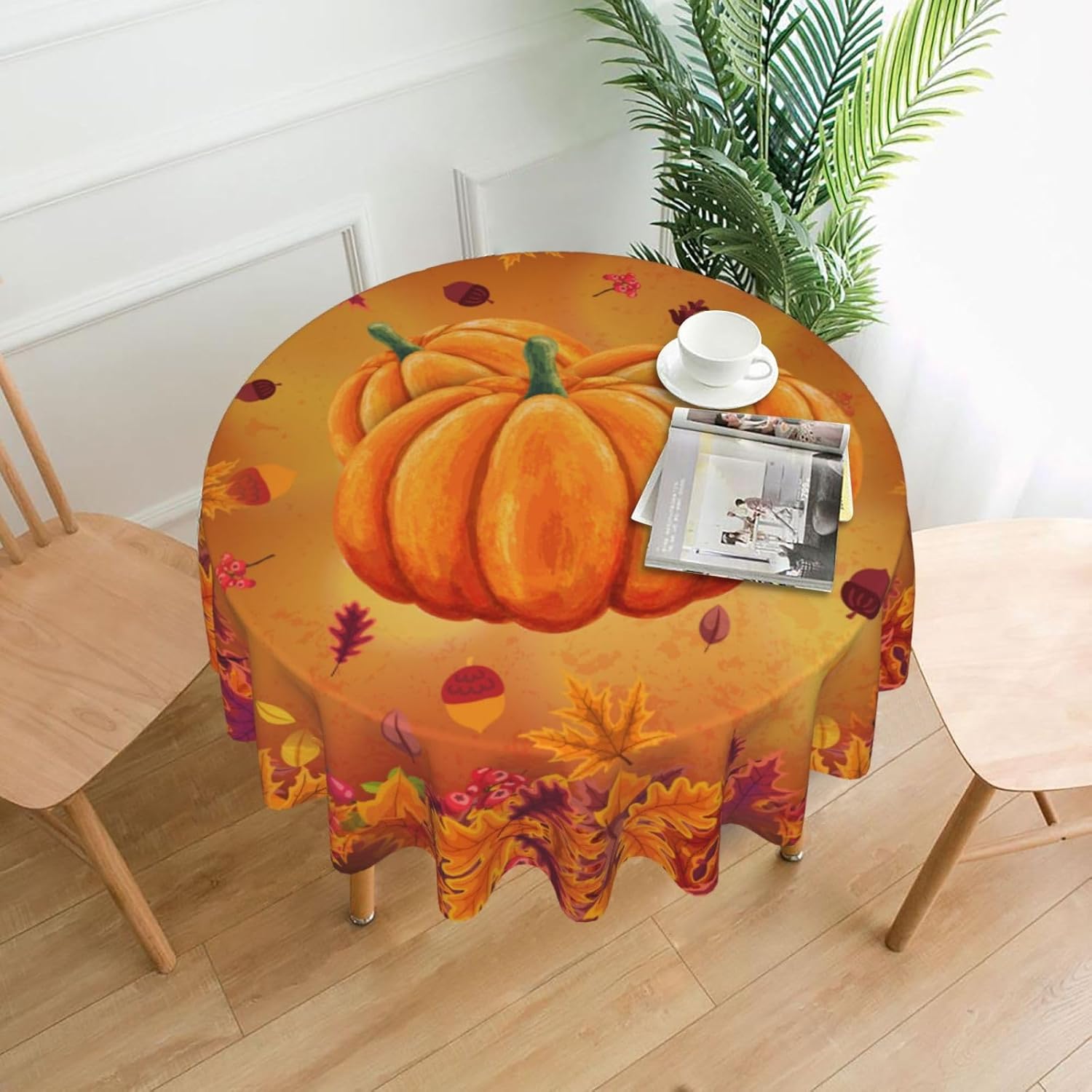 Mantel redondo de calabaza de otoño de 60 pulgadas, lavable, reutilizable, decoración de mesa para fiesta de cocina