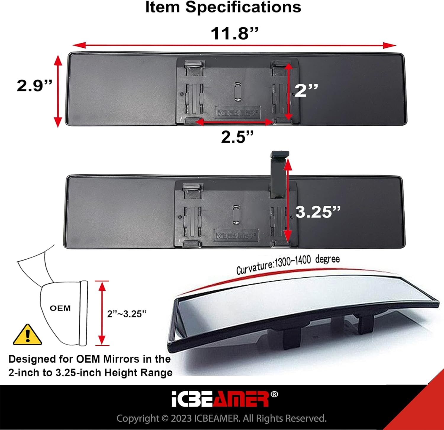 ICBEAMER – Espejo retrovisor interior convexo y transparente para automóvil de 11.8 pulgadas, fácil de enganchar, con un amplio ángulo panorámico,