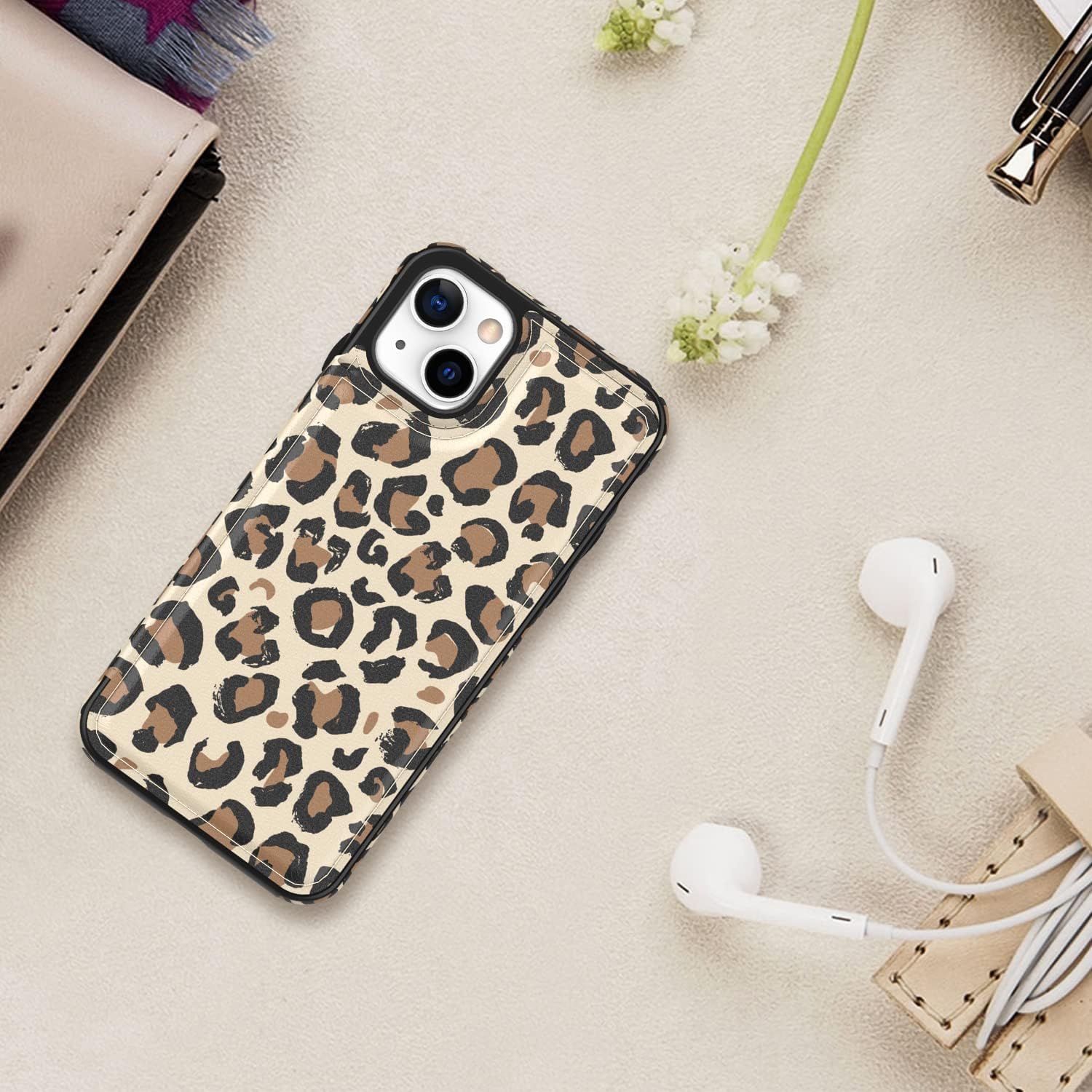 LETO Funda para iPhone 15 con tapa tipo cartera de cuero tipo folio, diseños de flores de moda, ranuras para tarjetas, función atril, funda