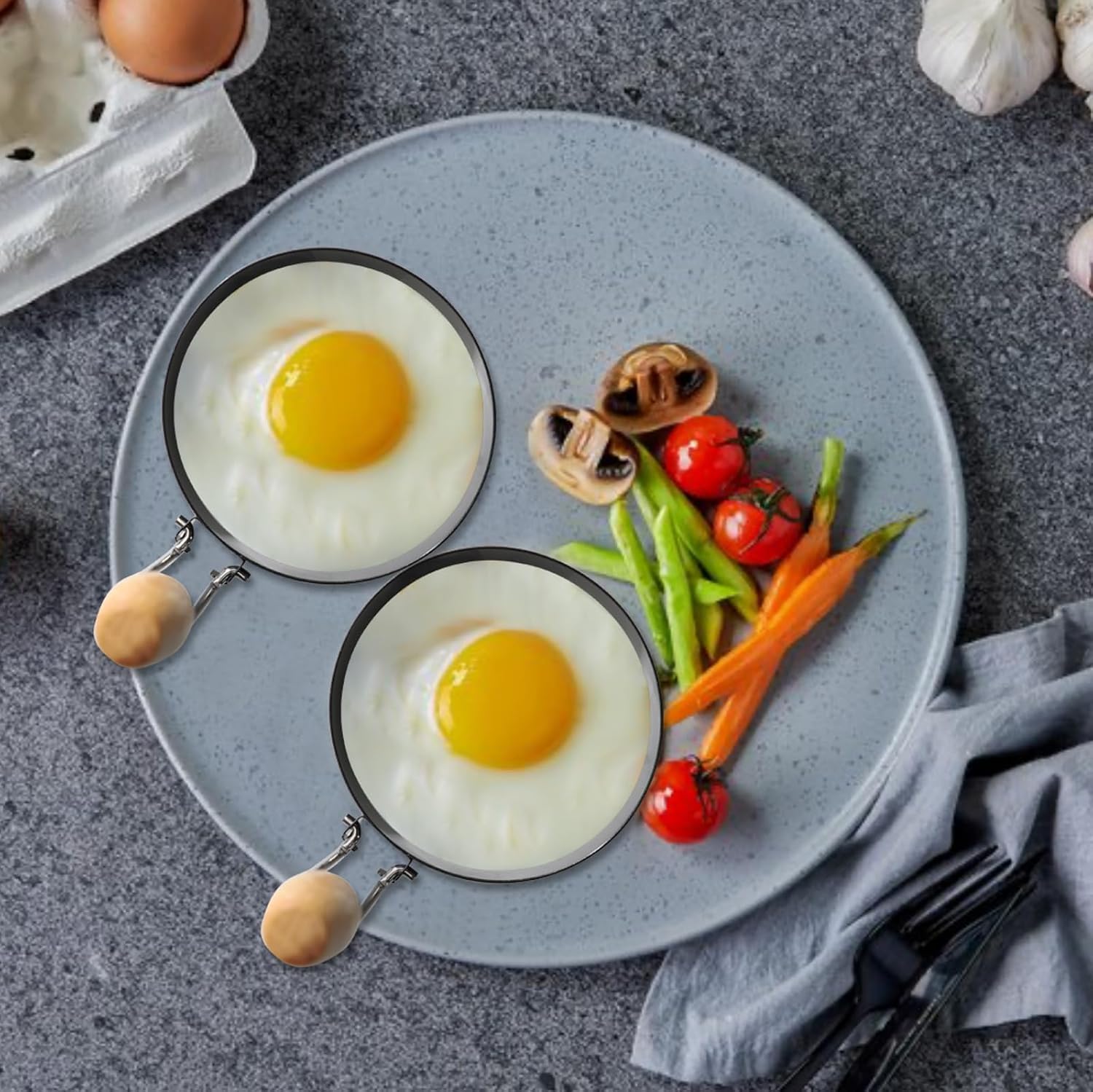 Anillos de huevo para freír huevos, 4 unidades, antiadherentes, tortilla y panqueques para plancha con mango de madera (juego de 4)