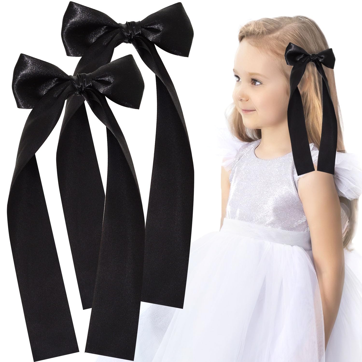 2 lazos de satén sedoso para el cabello, pinzas largas blancas para niñas, pinzas de cocodrilo, accesorios para el cabello para niñas, niños