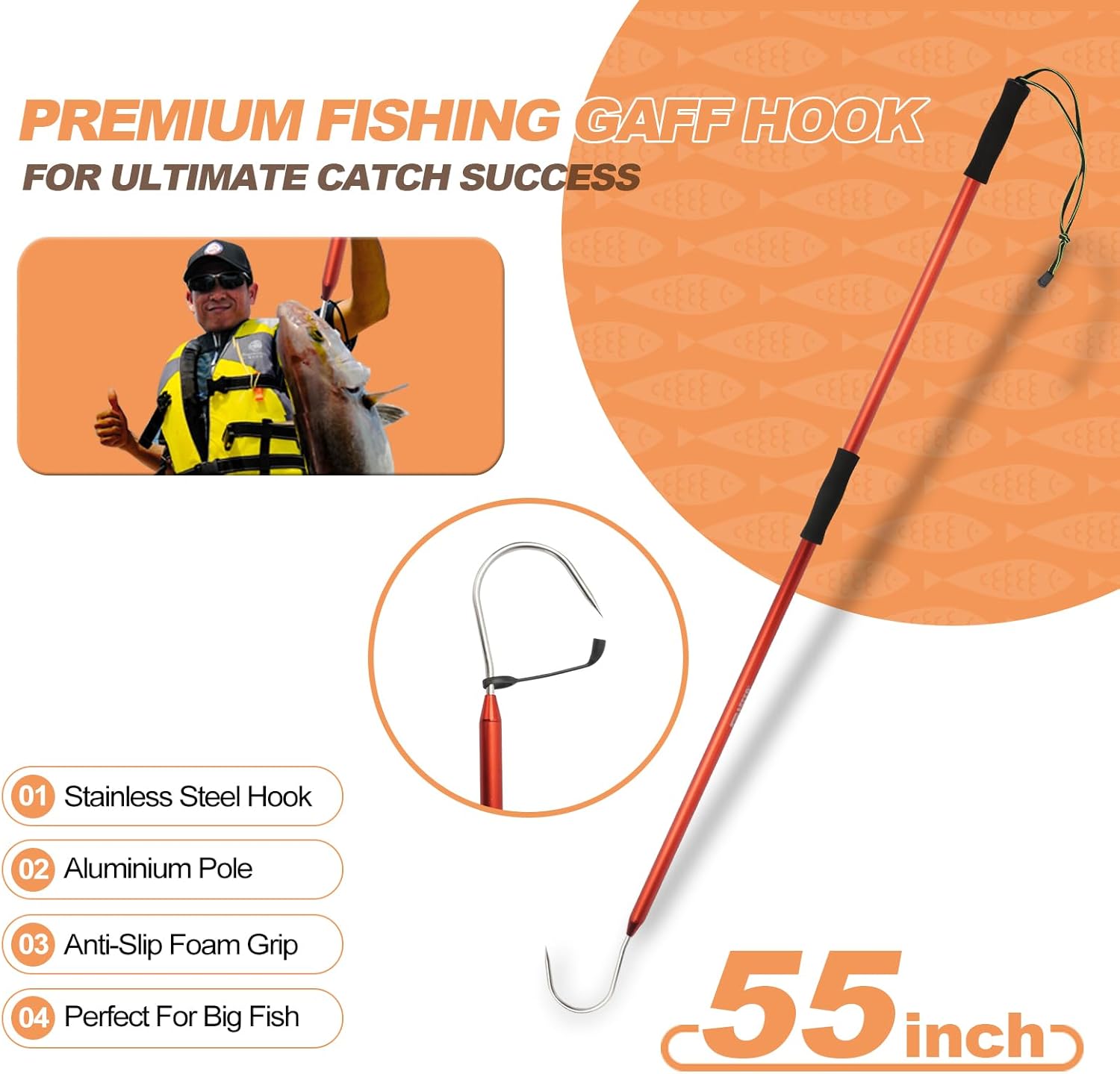 Gancho de pesca con gancho de pescado, arpón, arpón, lanza, arpón con gancho de acero inoxidable y aluminio para atún, pez banda, cabeza de acero,