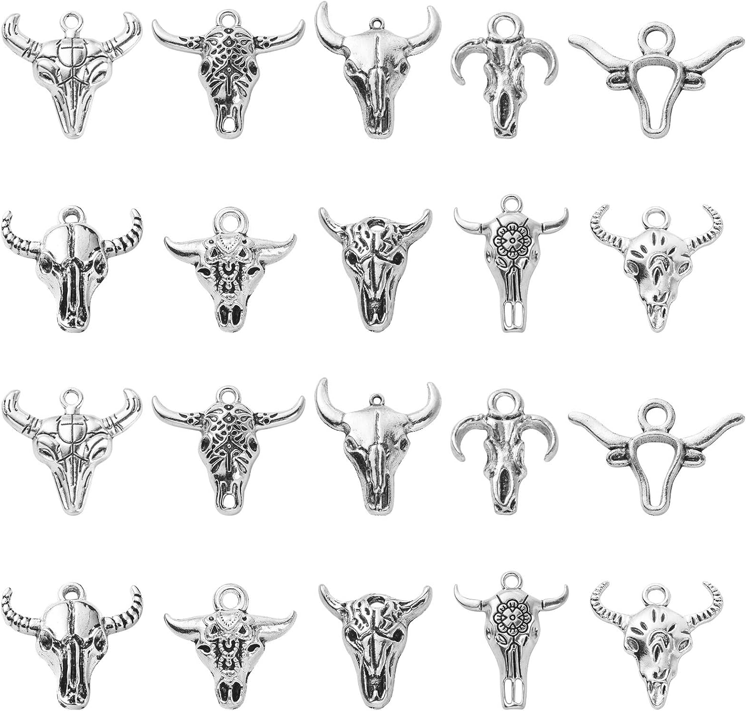 KitBeads 100 dijes de cabeza de ganado tibetano, estilos mixtos, dijes de calavera de ganado, dijes de calavera de vaca de plata antigua para hacer