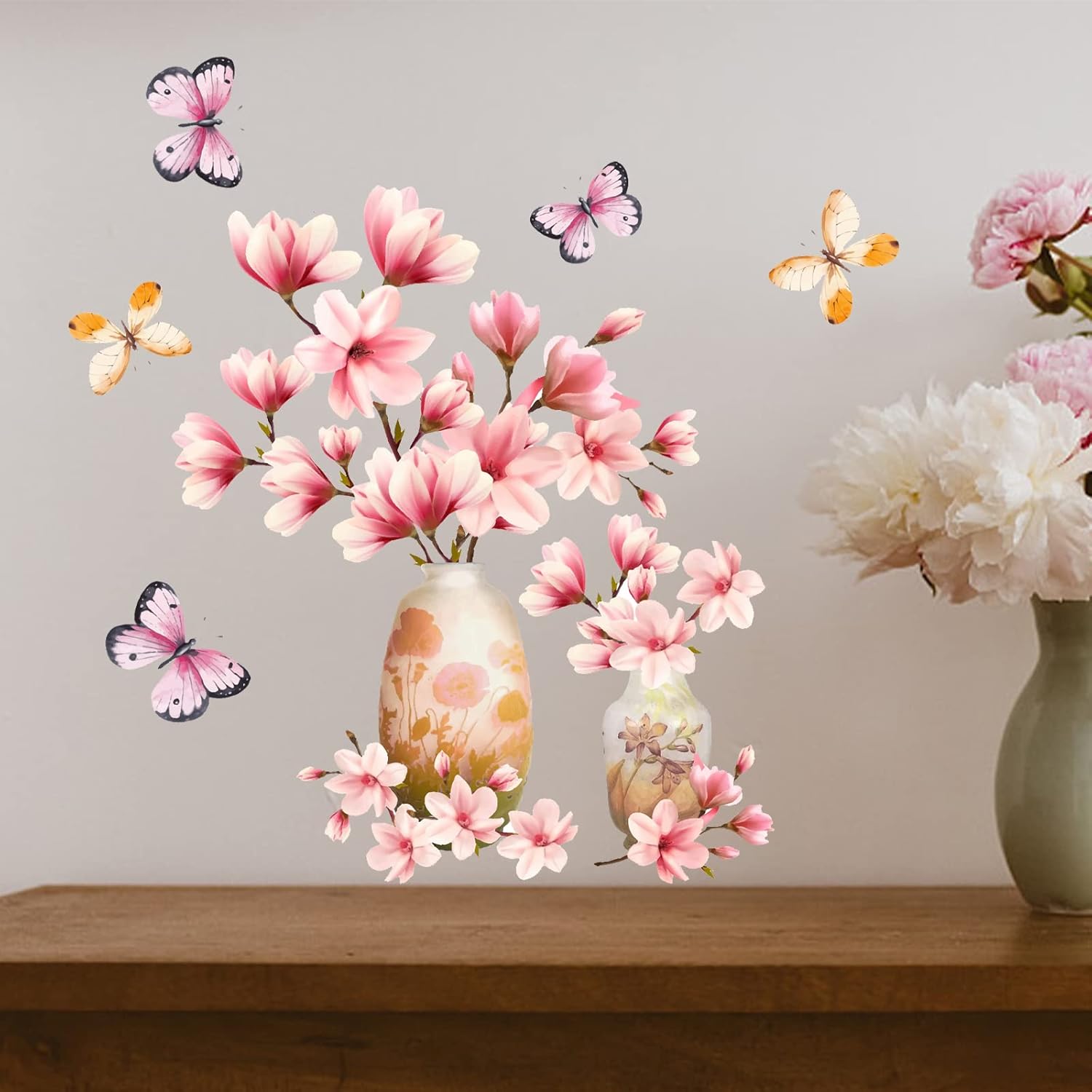Jarrón 3D de flores rosas, ramo de flores rosas, calcomanías de pared extraíbles de vinilo para despegar y pegar, calcomanías de pared para sala de