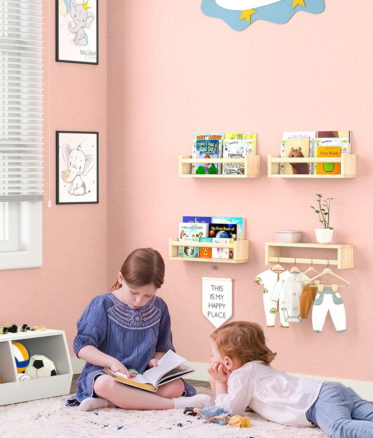 Estantes flotantes para pared, juego de 4 estantes para libros de guardería, estante para libros para niños, perfecto para habitación de niños,