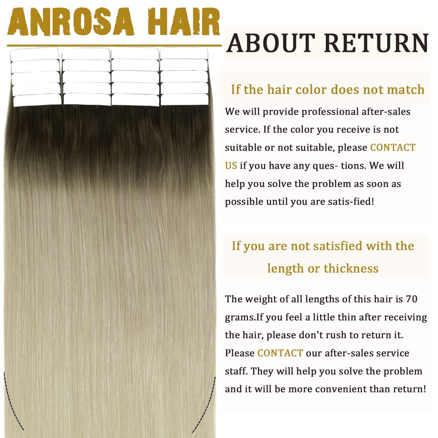 Anrosa Extensiones de cabello humano con cinta adhesiva, 14 pulgadas, color marrón ceniza a rubio, extensiones de cabello humano Remy, extensiones
