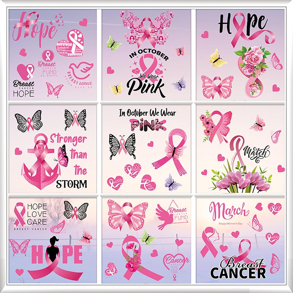 Adhesivos para ventana de concientización sobre el cáncer de mama, 9 hojas de cinta rosa, calcomanías de decoración de cáncer de mama, calcomanías