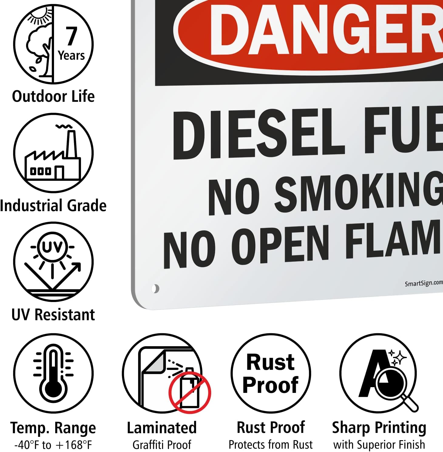 Señales de seguridad SmartSign. Mensajes “Danger Diesel Fuel No Smoking No Open Flames”, letras negras o rojas sobre fondo blanco., 1