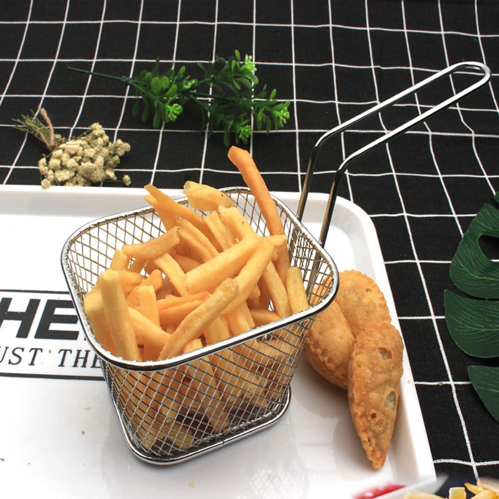 Cesta para papas fritas, mini cesta cuadrada para papas fritas para servir, cesta de acero inoxidable para freír con asa, cocina, restaurante