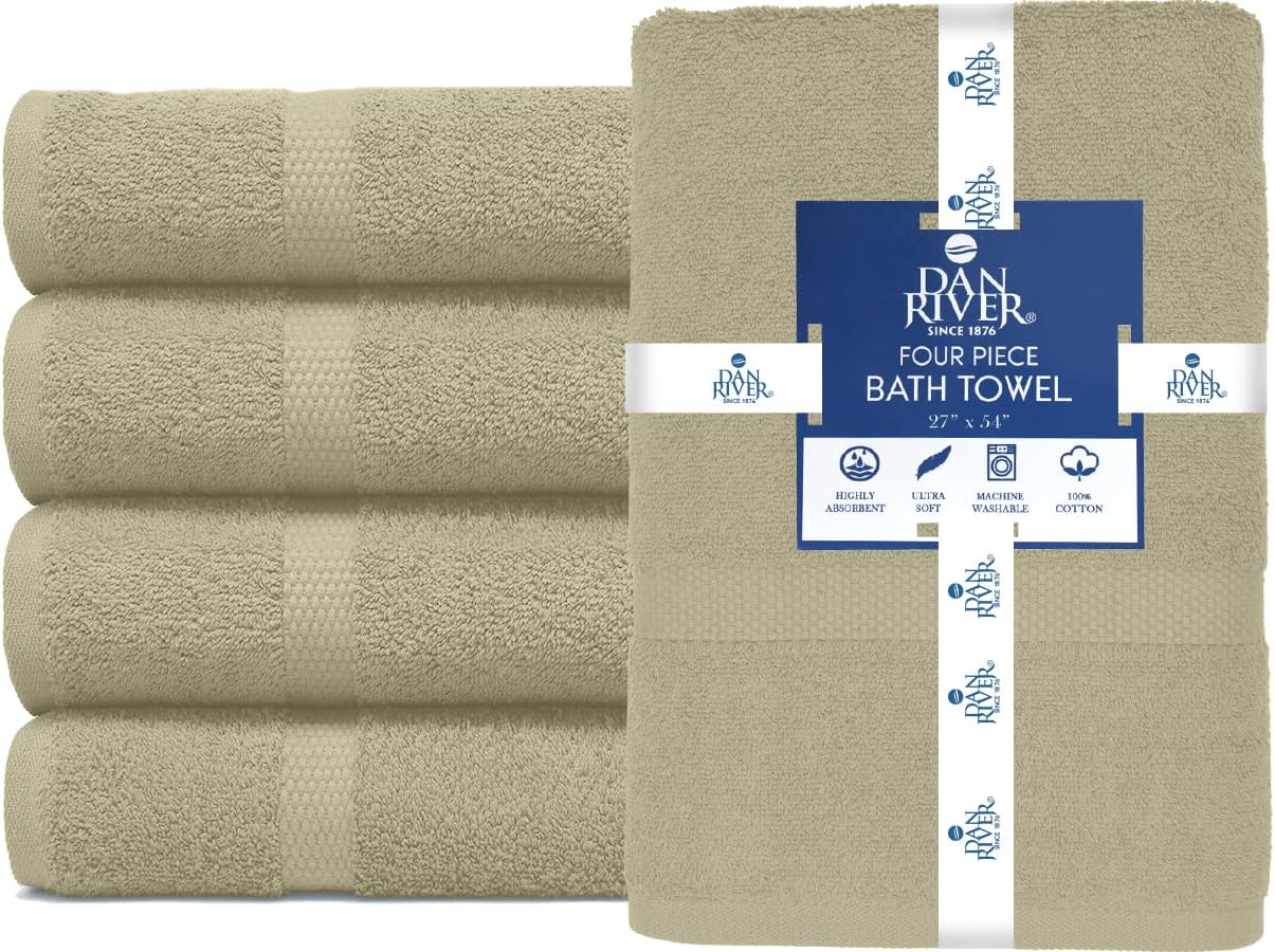 DAN RIVER Juego de 4 toallas de baño de algodón 100% lujoso, paquete de 4 unidades, máxima comodidad y absorción para baño, hogar y spa (27 x 54