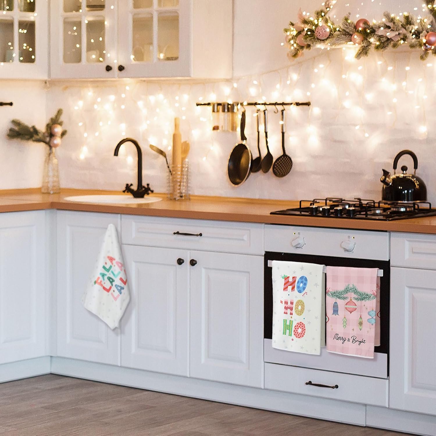6 toallas de cocina de Navidad, diseño de árbol de cascanueces, toallas de mano a cuadros de búfalo rosa y blanco, paños de cocina de invierno para