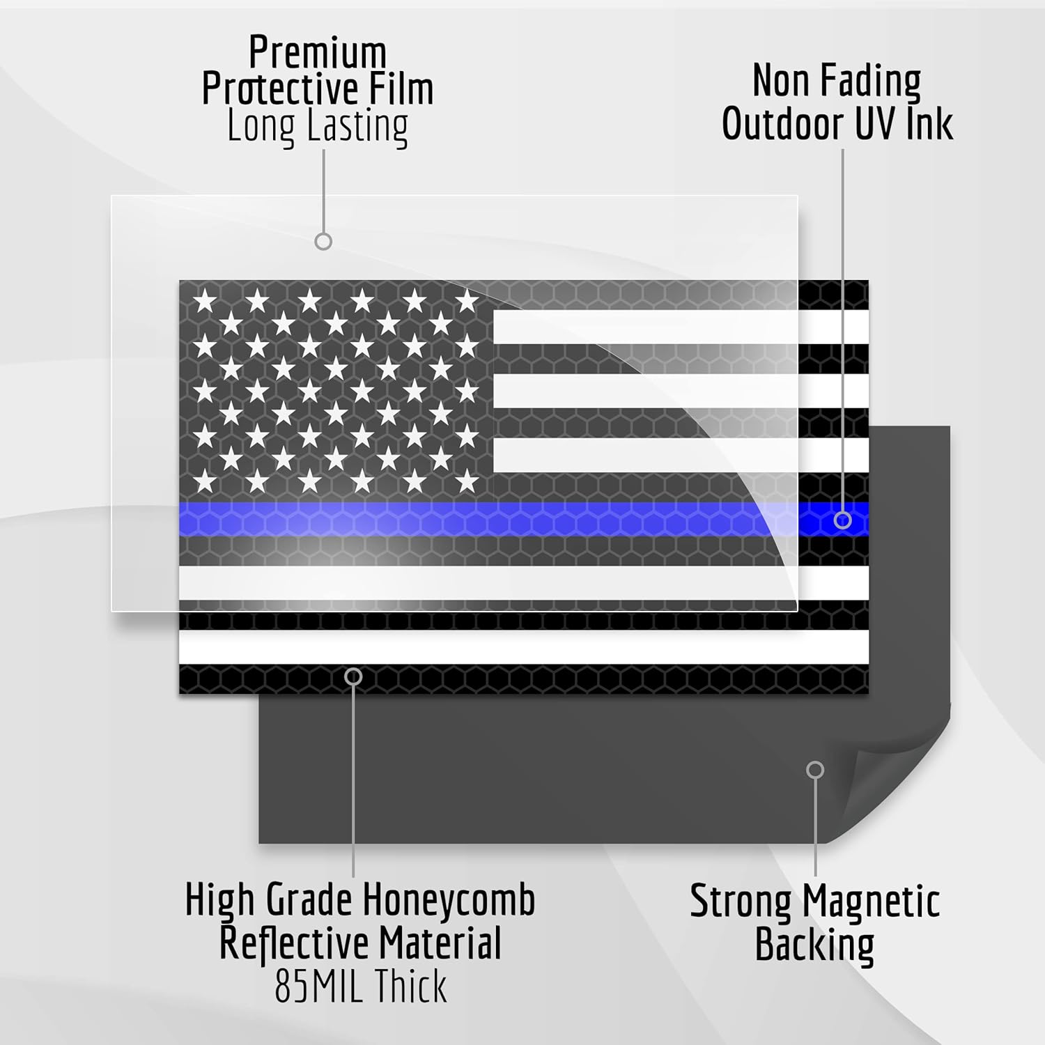 2 imanes reflectantes de línea azul delgada para automóvil, 5 x 3 pulgadas, imán de bandera estadounidense de línea azul para camiones, policías