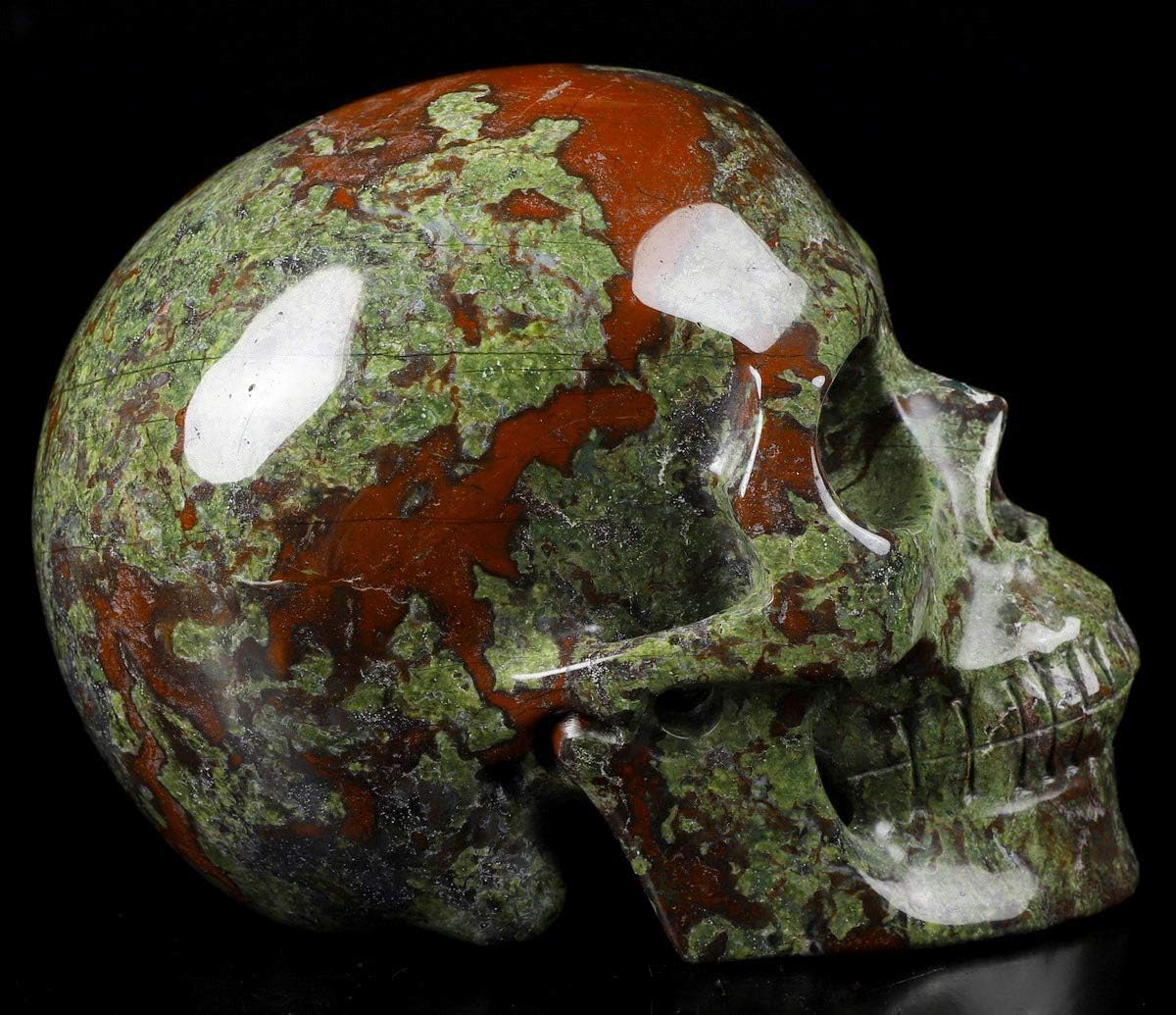 Calavera de cristal de jaspe de sangre de dragón de 5.0 pulgadas, escultura de arte fino de piedras preciosas talladas a mano, estatua de piedra