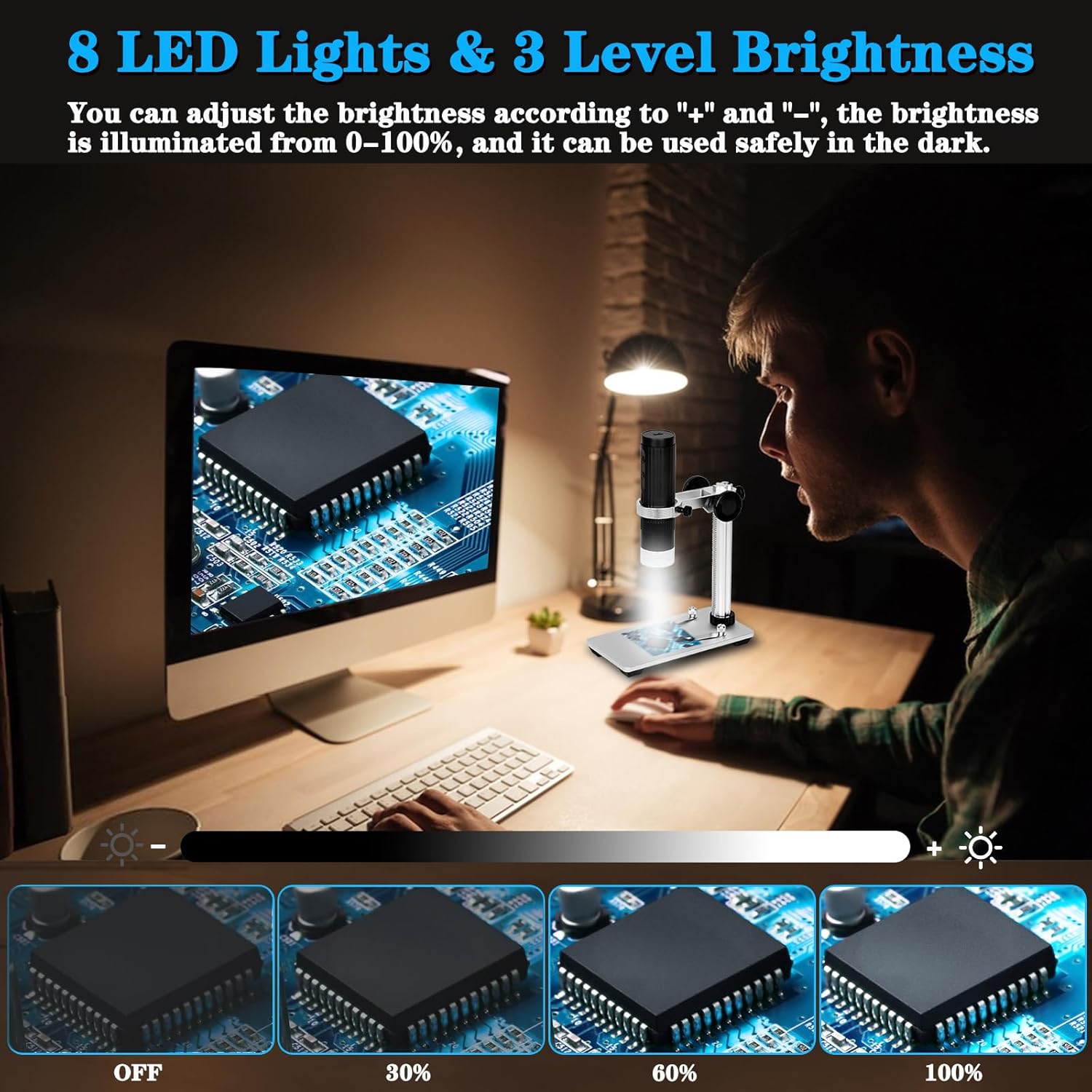 Microscopio digital inalámbrico, aumento 50X-1000X, cámara de microscopio USB de mano con soporte de actualización sin agitación, 8 luces LED