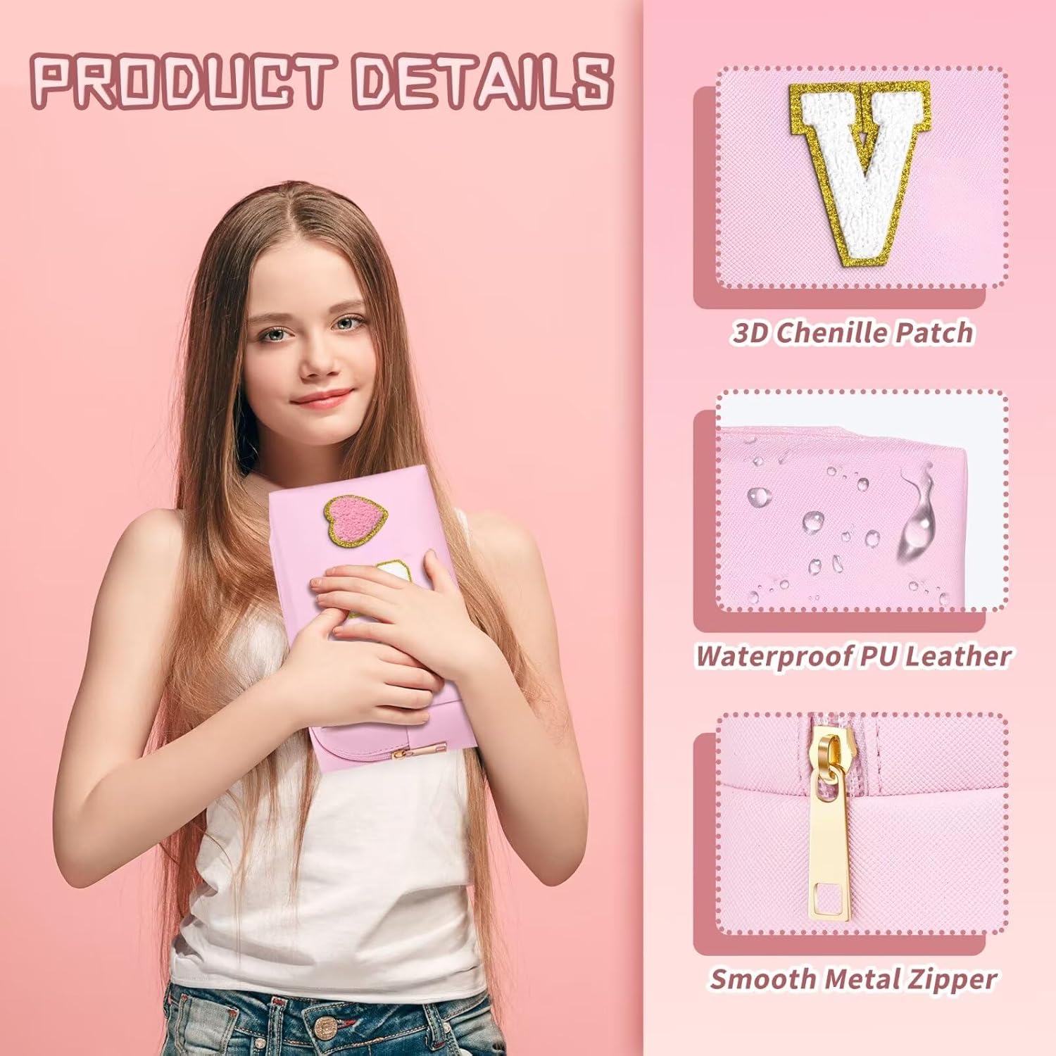 Bolsa de maquillaje preppy con inicial, regalo personalizado para mujeres, Rosado, Small (3