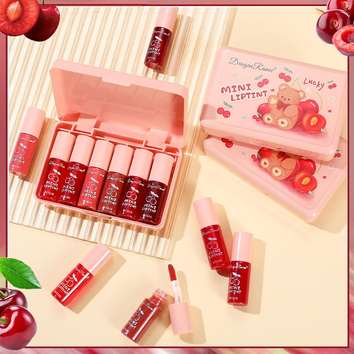 Juego de 6 colores de tinte de labios de cereza, brillo de labios coreano, mini lápiz labial líquido, tinte de labios y mejillas multiusos, taza