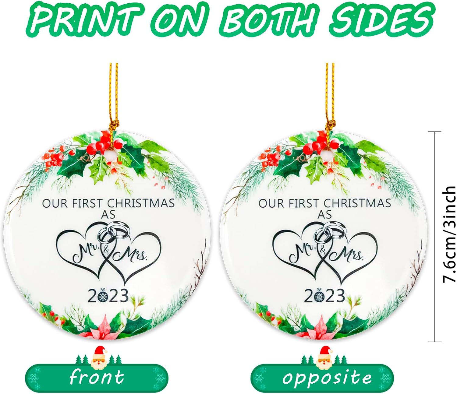 Adorno de Navidad para casados 2023, adornos de Navidad juntos con impresión de doble cara, recuerdo de cerámica, regalos de boda de recién casados